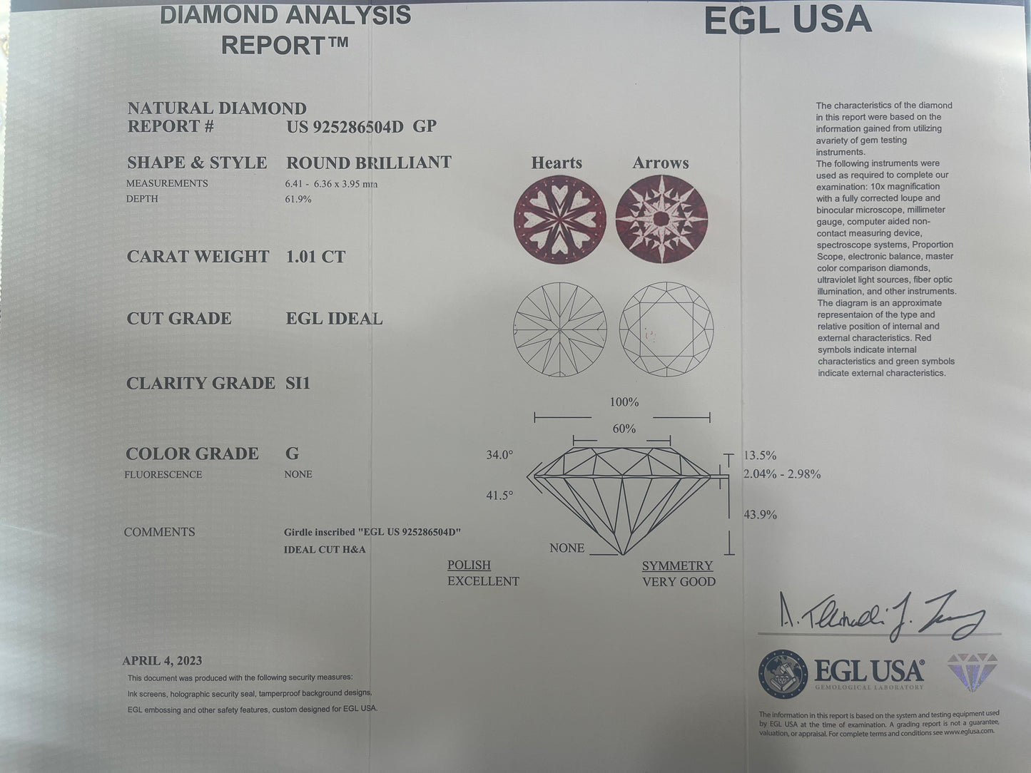 1.01 Ct EGL Certified Natural Diamond Round Cut Stone
