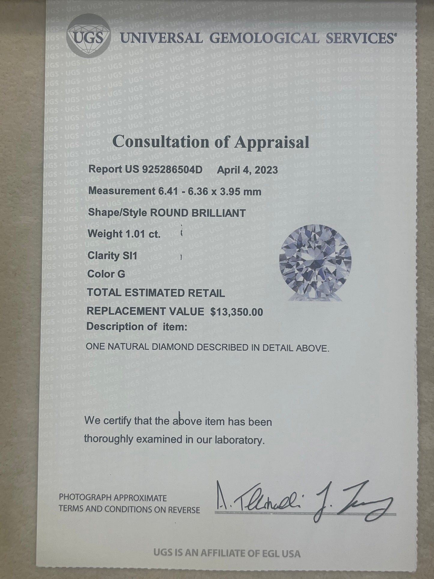 1.01 Ct EGL Certified Natural Diamond Round Cut Stone