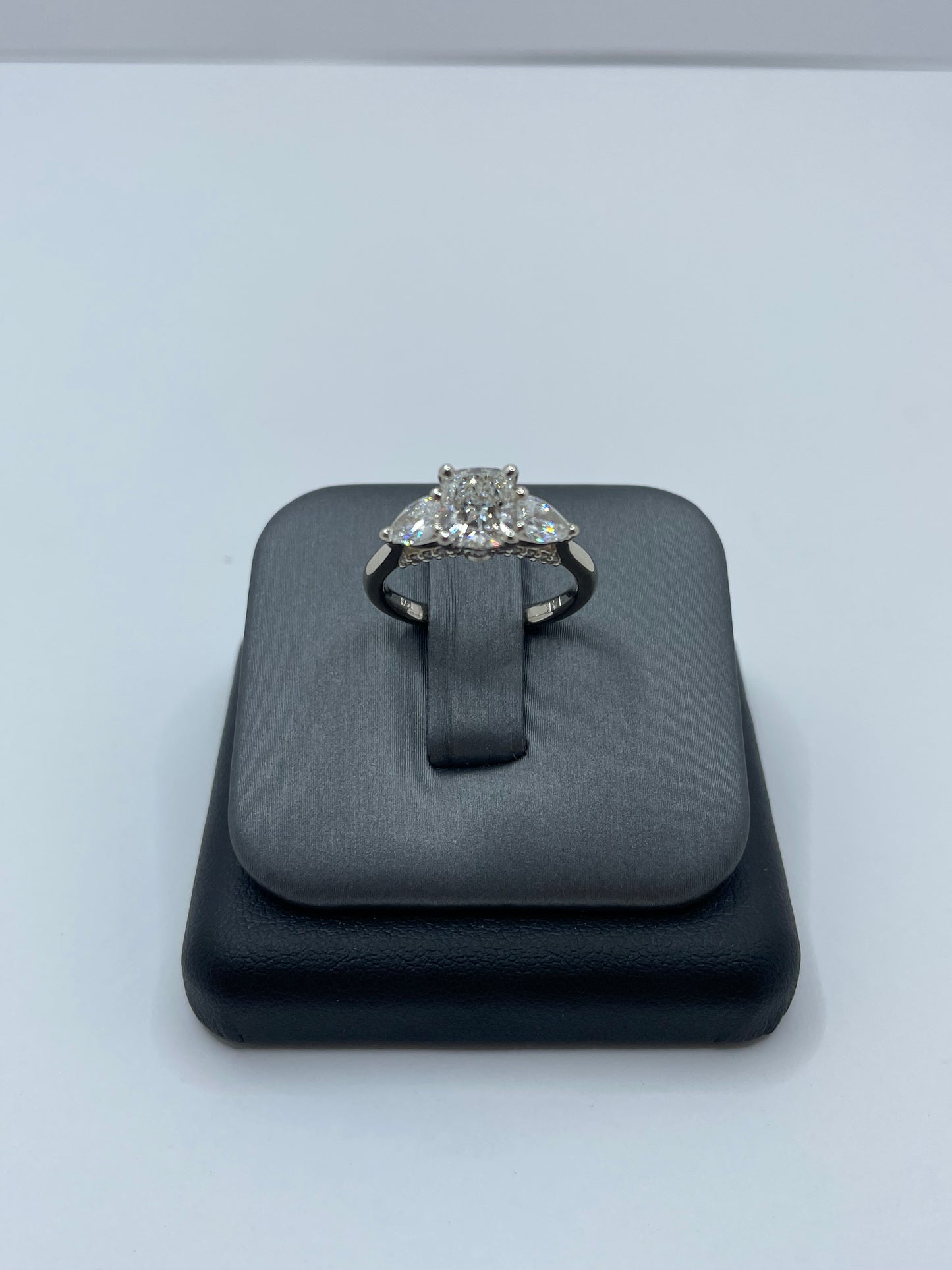 14k White Gold Cushion Cut Center Stone Ring with 2 pear cut stones