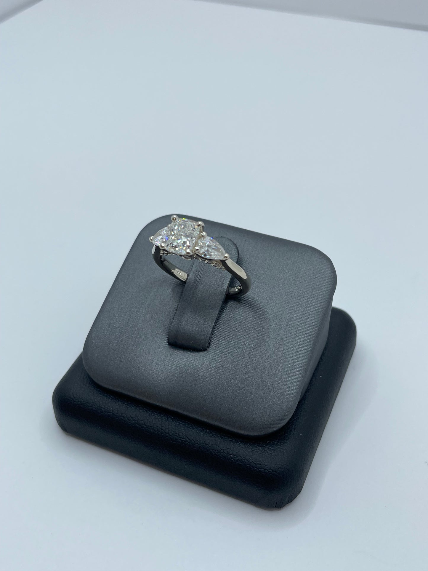 14k White Gold Cushion Cut Center Stone Ring with 2 pear cut stones