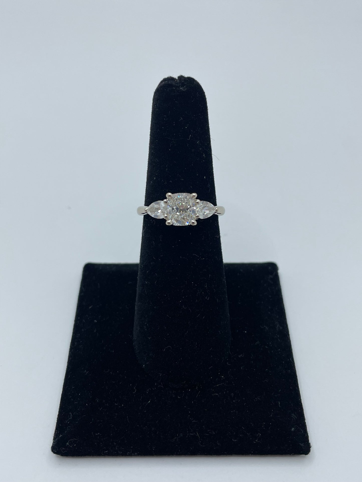 14k White Gold Cushion Cut Center Stone Ring with 2 pear cut stones