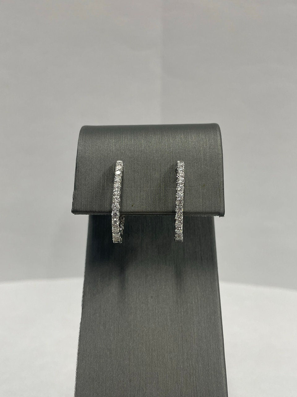 14k White Gold Oval Hoop Diamond Earrings w/ stones on inner hoops