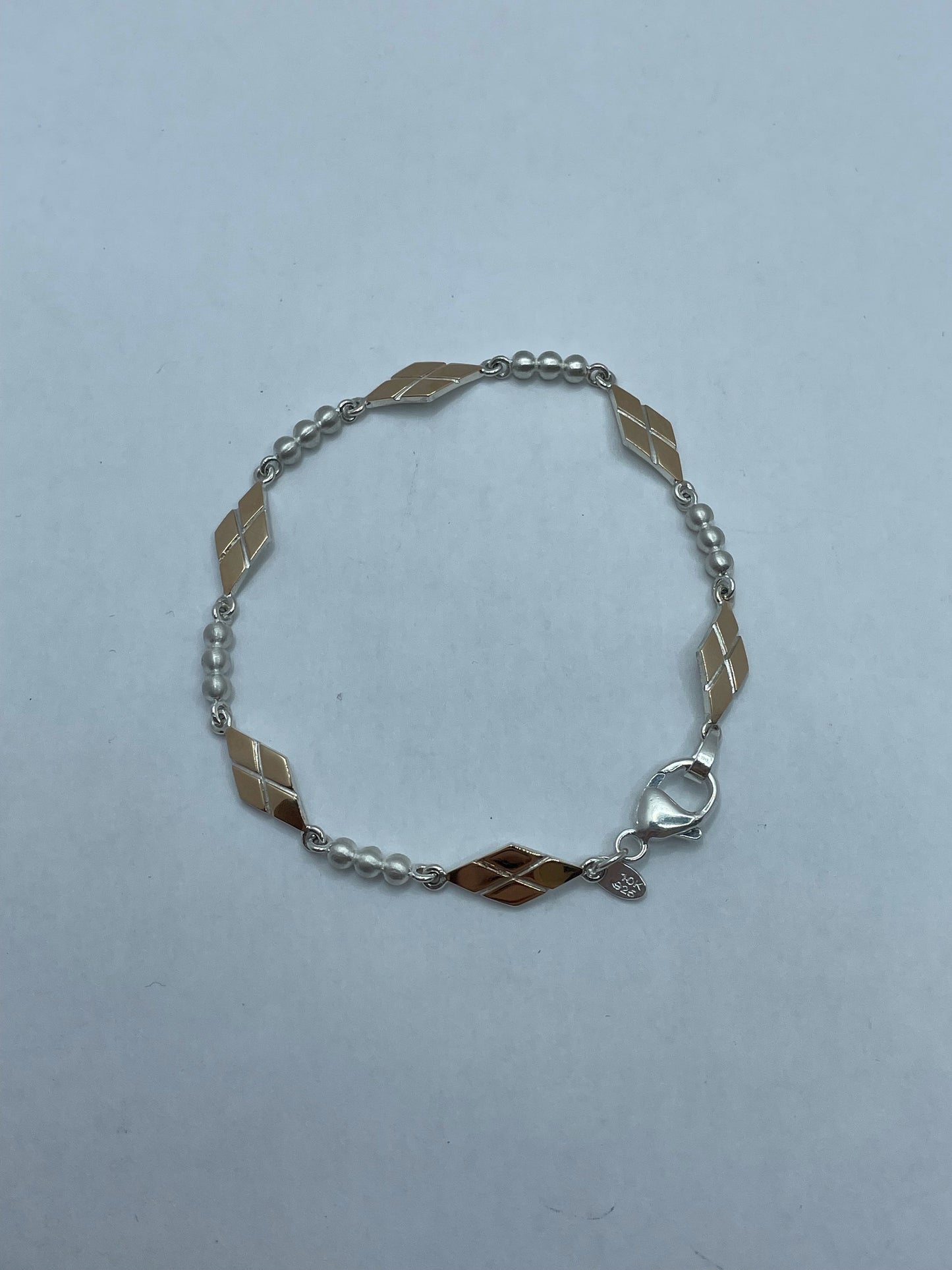 Two-Tone 10k Rose Gold and .925 Silver Rhombus Design Bracelet 7 inch