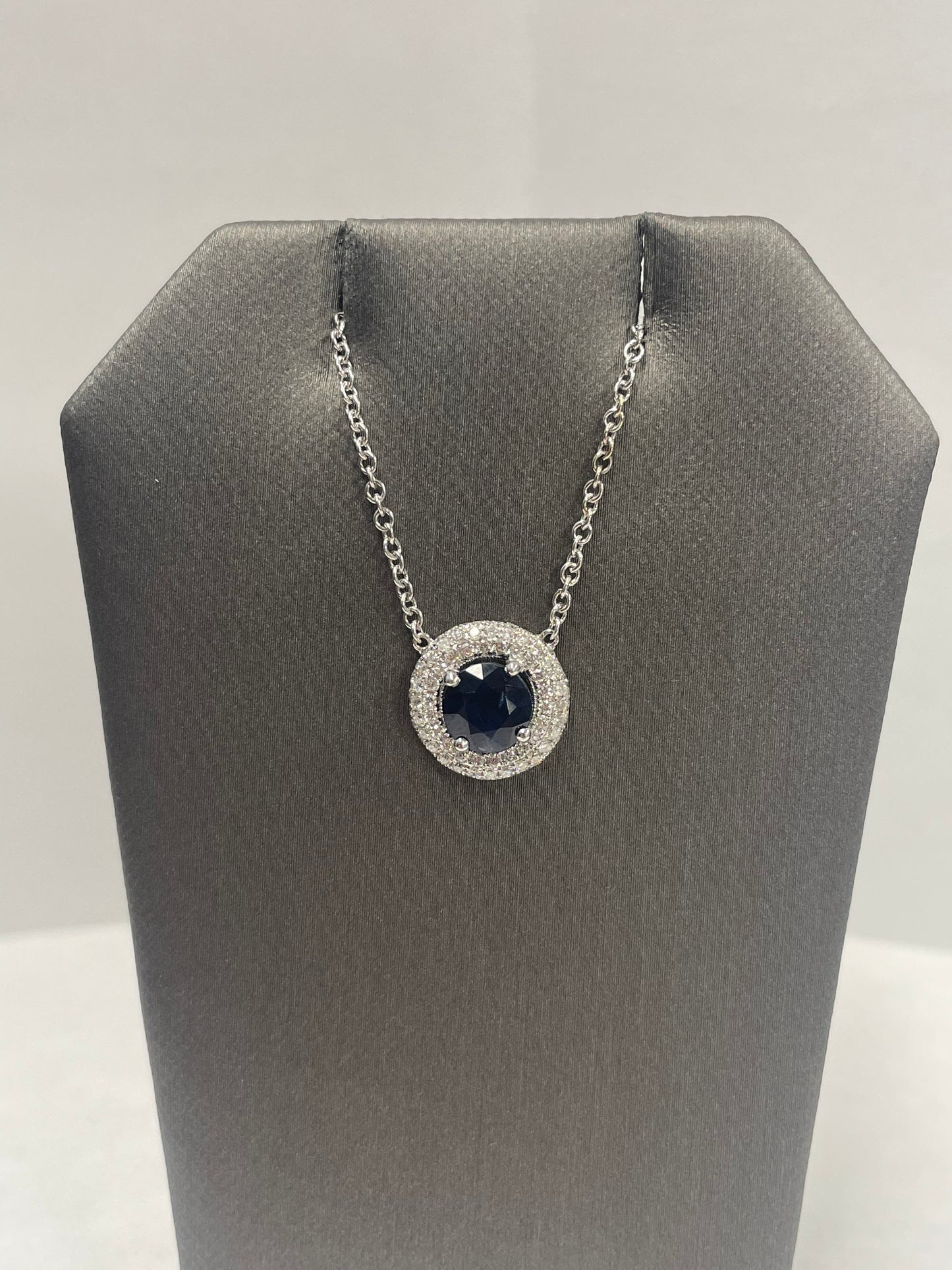 14k White Gold Round Sapphire Diamond Halo Pendant