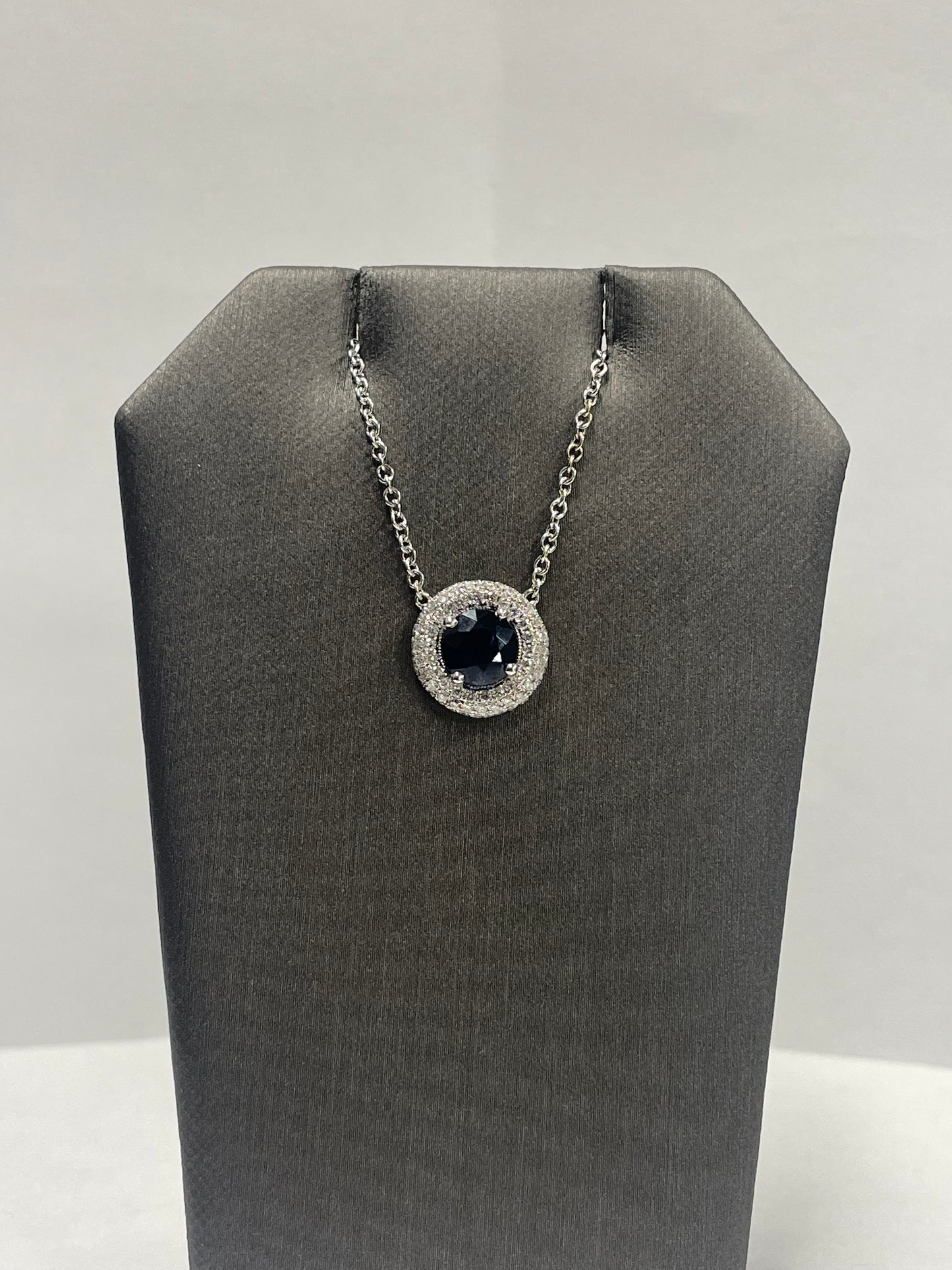 14k White Gold Round Sapphire Diamond Halo Pendant