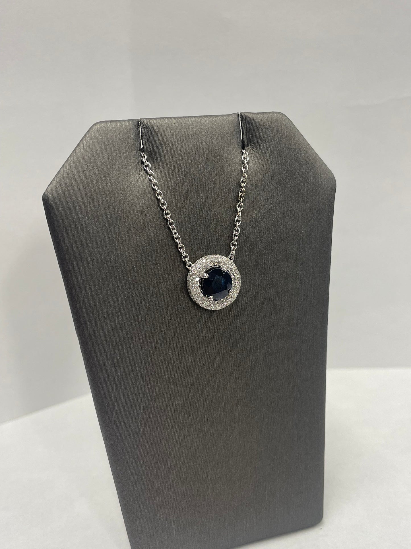 14k White Gold Round Sapphire Diamond Halo Pendant