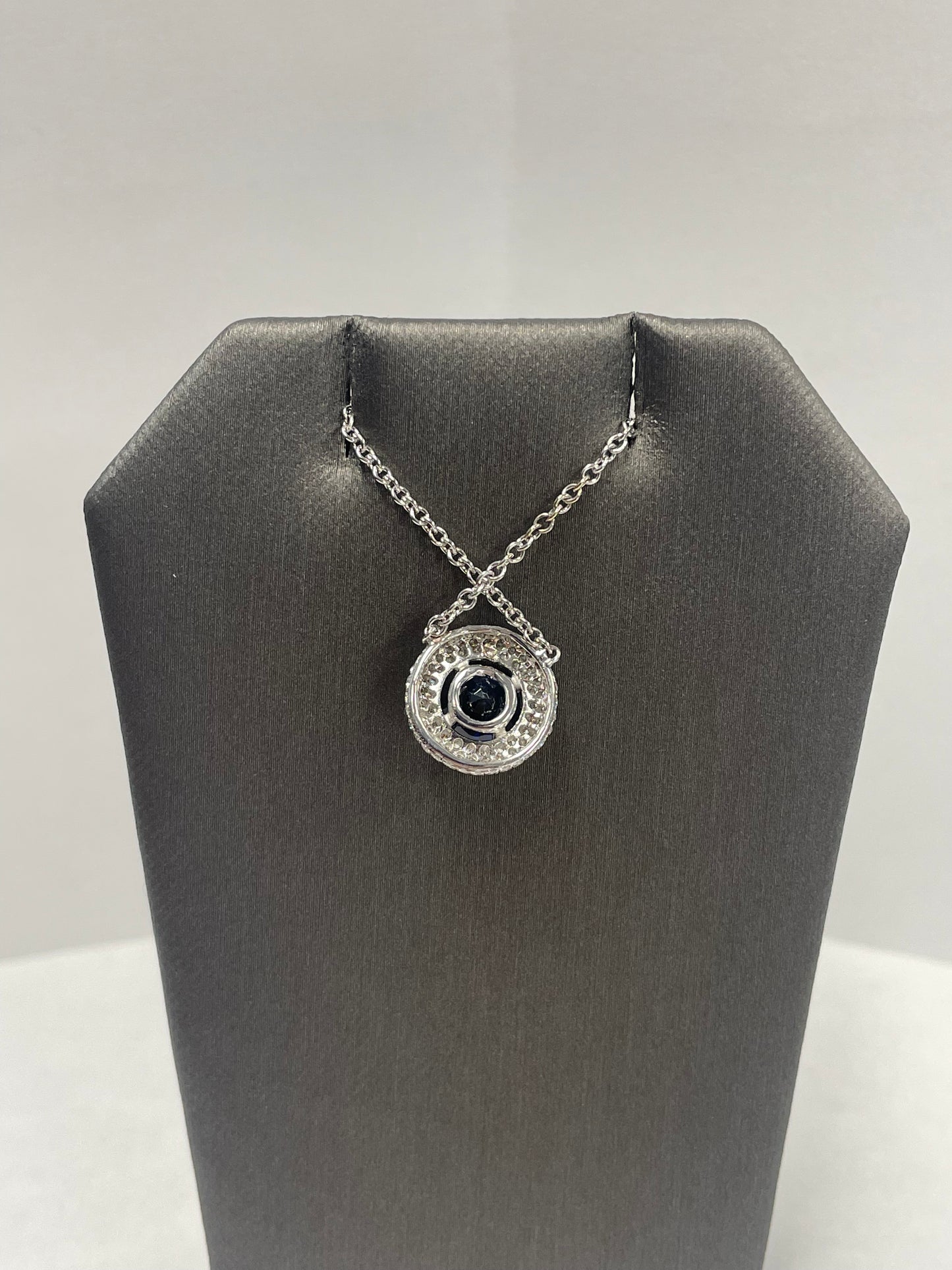 14k White Gold Round Sapphire Diamond Halo Pendant