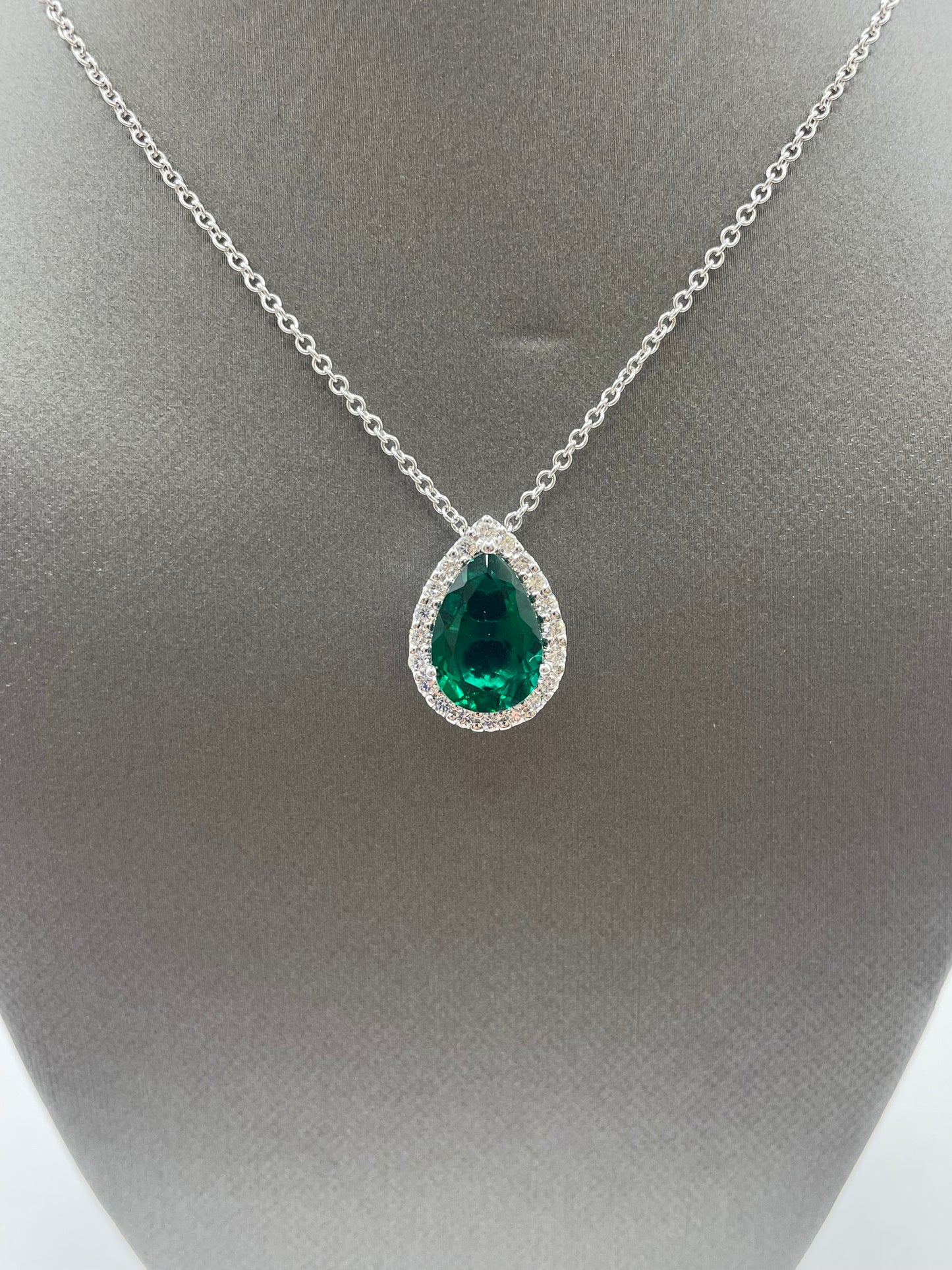 14k White Gold Emerald Diamond Pendant