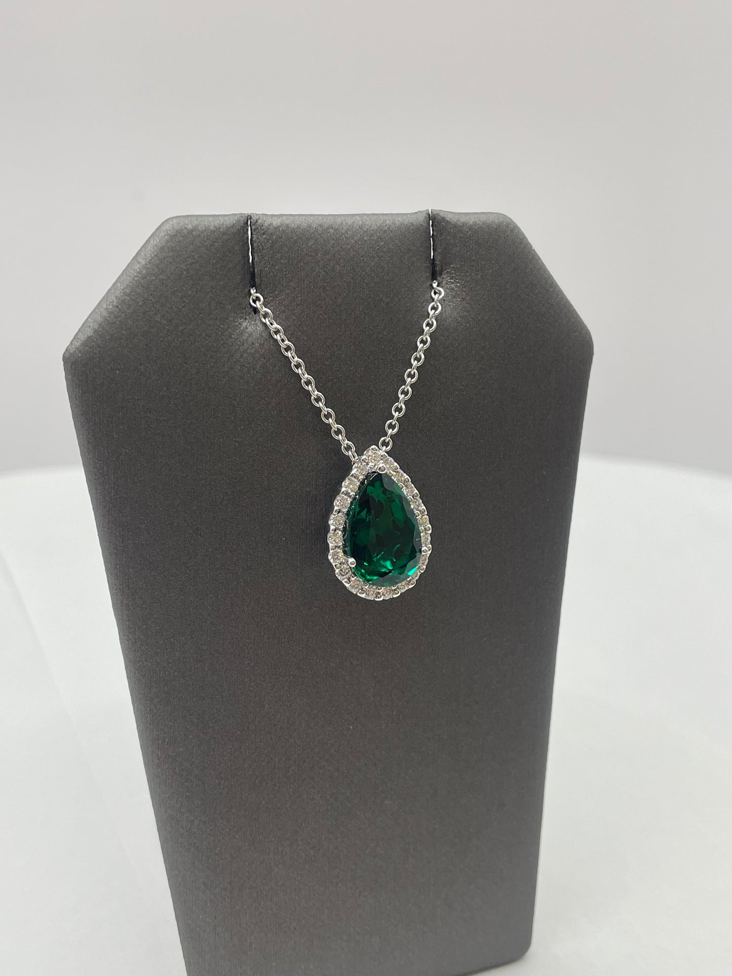 14k White Gold Emerald Diamond Pendant