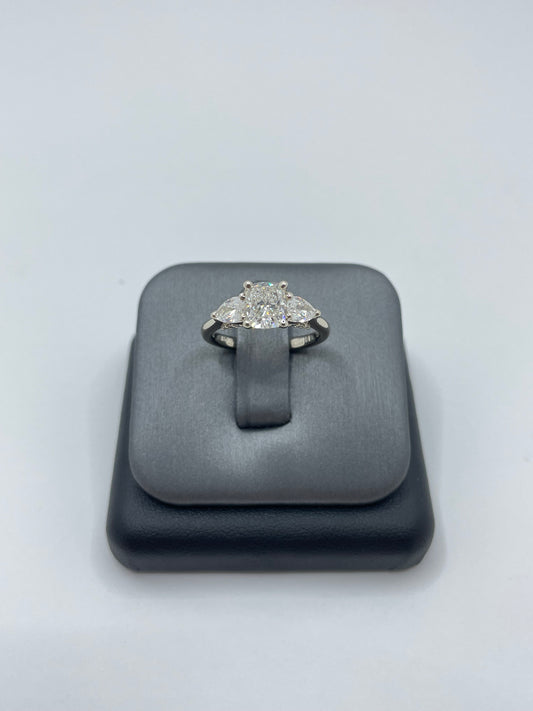 14k White Gold Cushion Cut Center Stone Ring with 2 pear cut stones