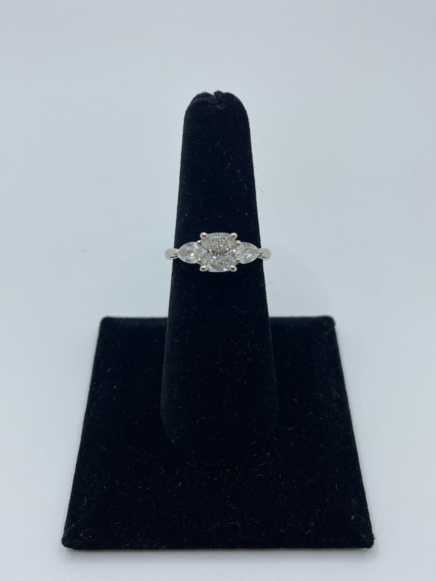 14k White Gold Cushion Cut Center Stone Ring with 2 Pear Cut Side Stones