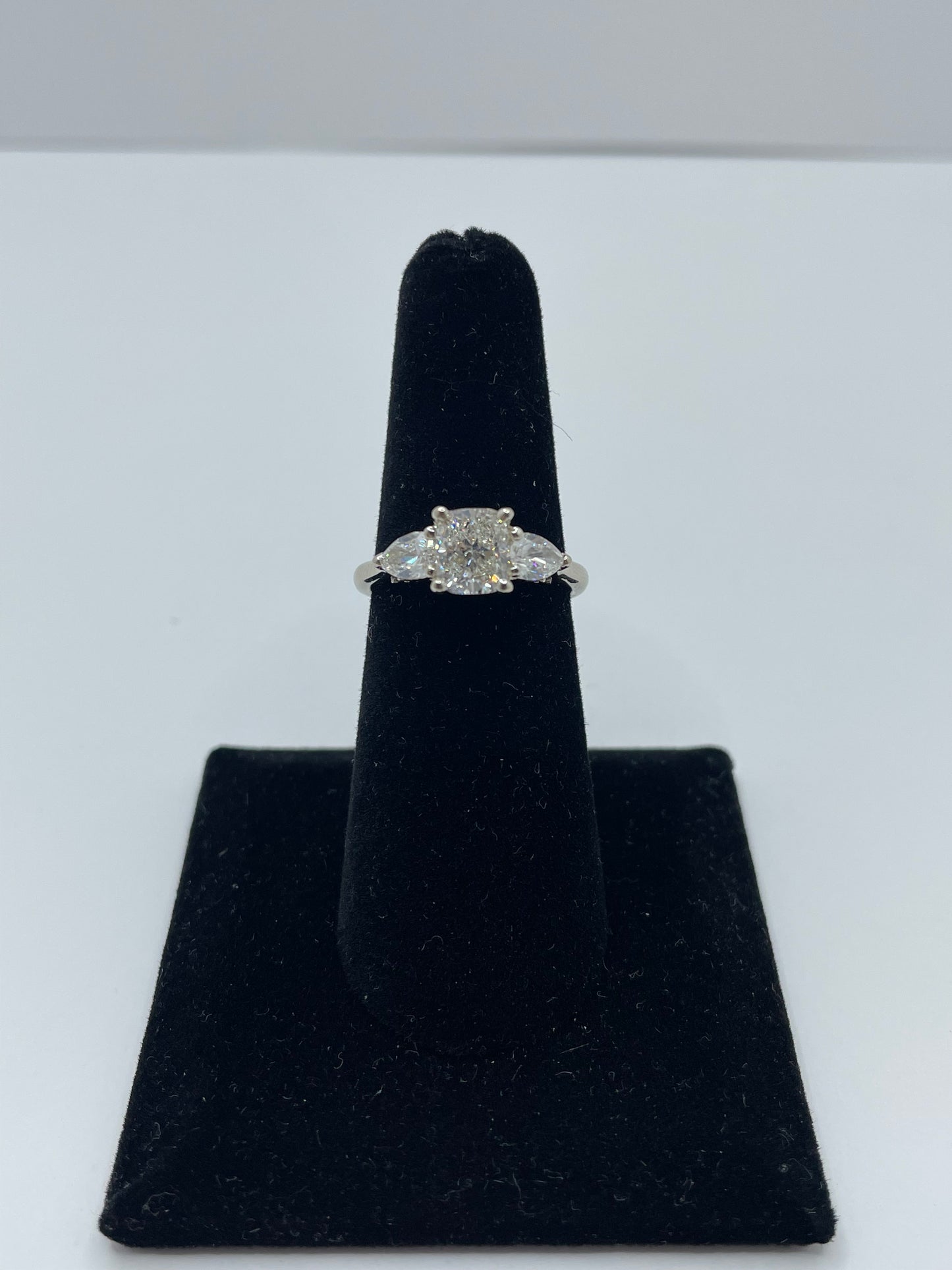 14k White Gold Cushion Cut Center Stone Ring with 2 Pear Cut Side Stones