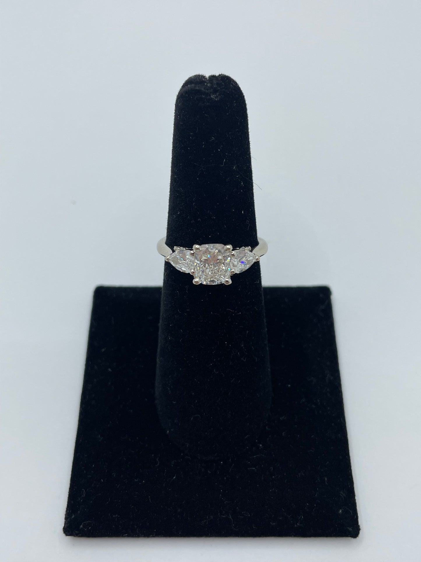 14k White Gold Cushion Cut Center Stone Ring with 2 Pear Cut Side Stones