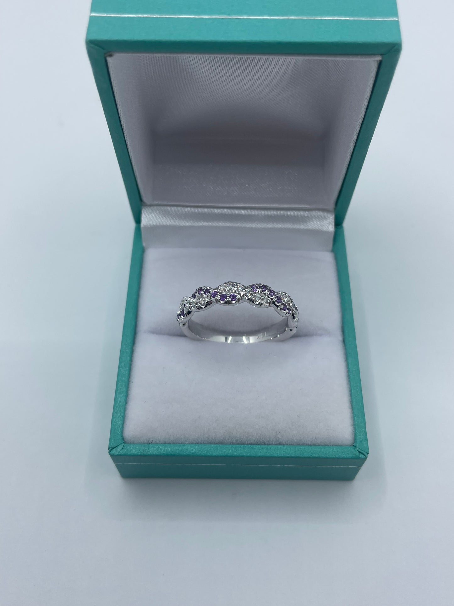 14k White Gold Amethyst Diamond Band Twist Design Ring