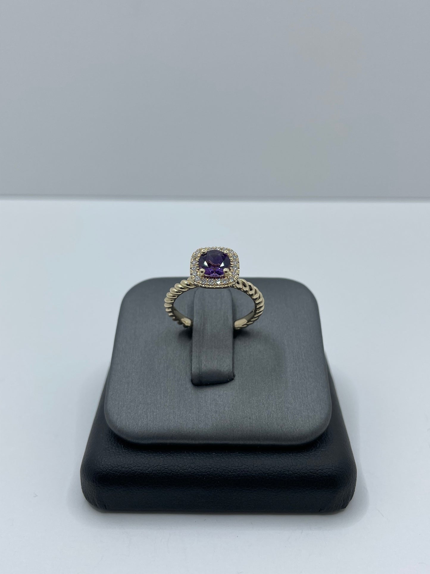 14k Gold Amethyst Diamond Ring with Twisted Shank