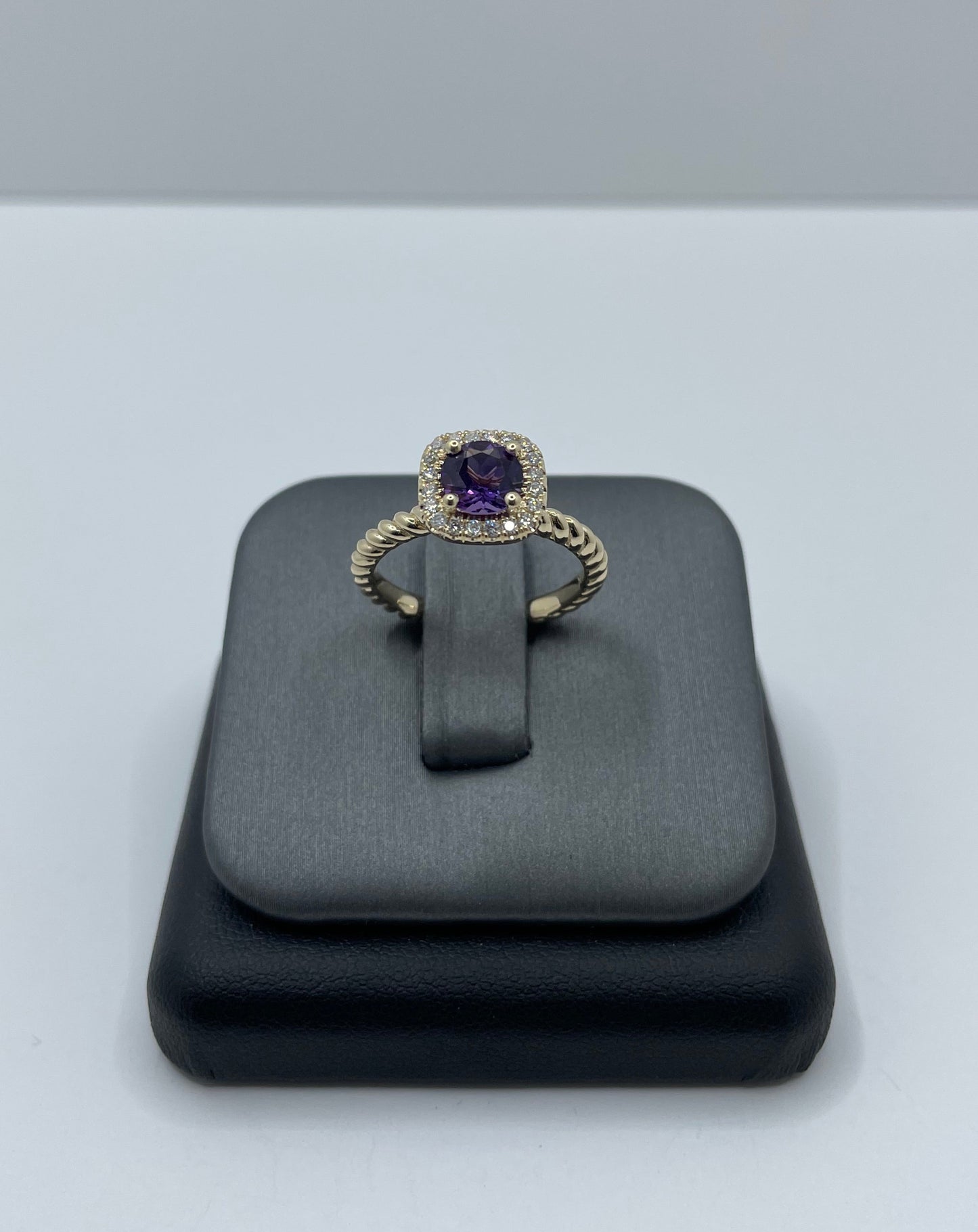 14k Gold Amethyst Diamond Ring with Twisted Shank