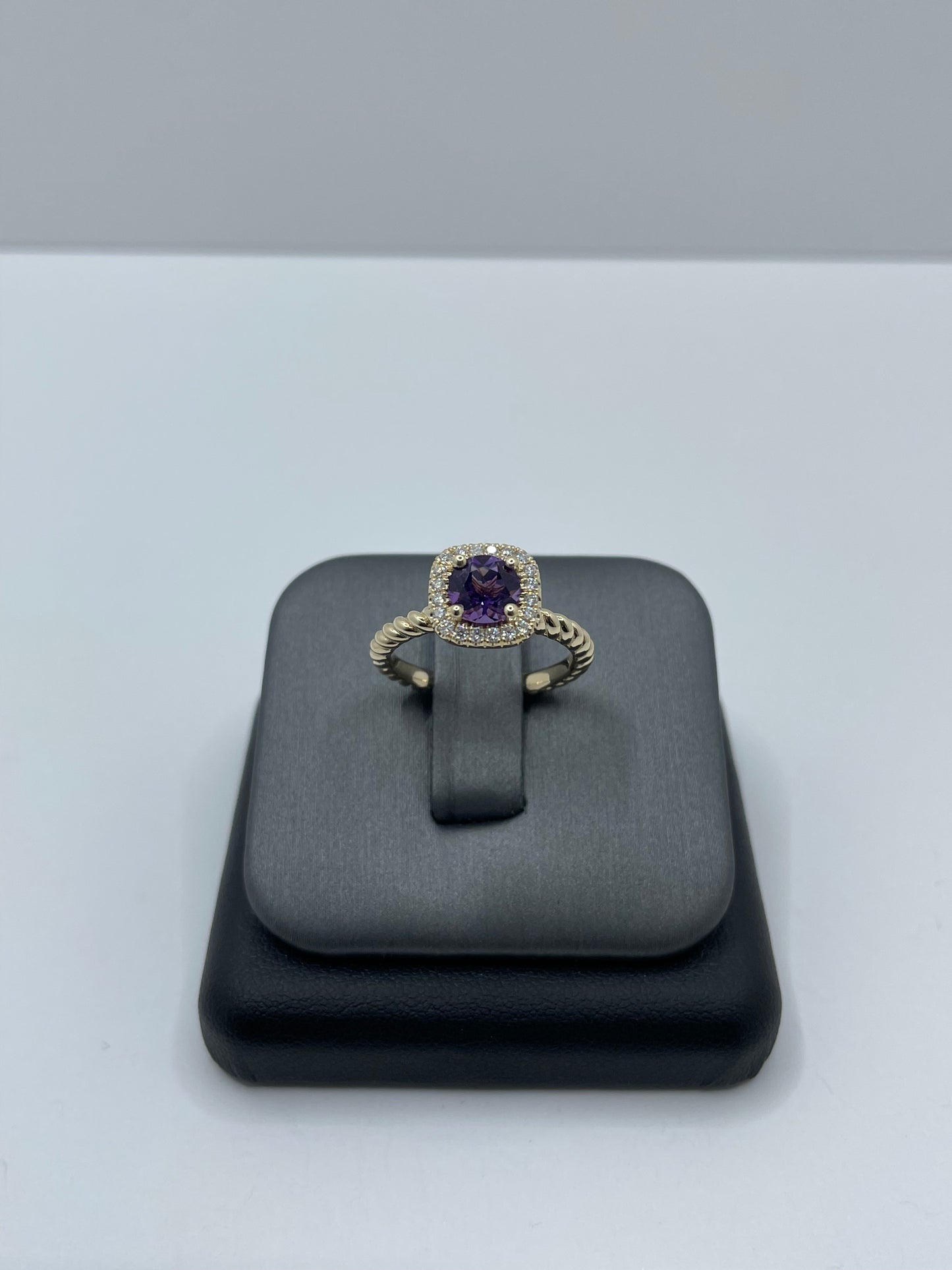 14k Gold Amethyst Diamond Ring with Twisted Shank