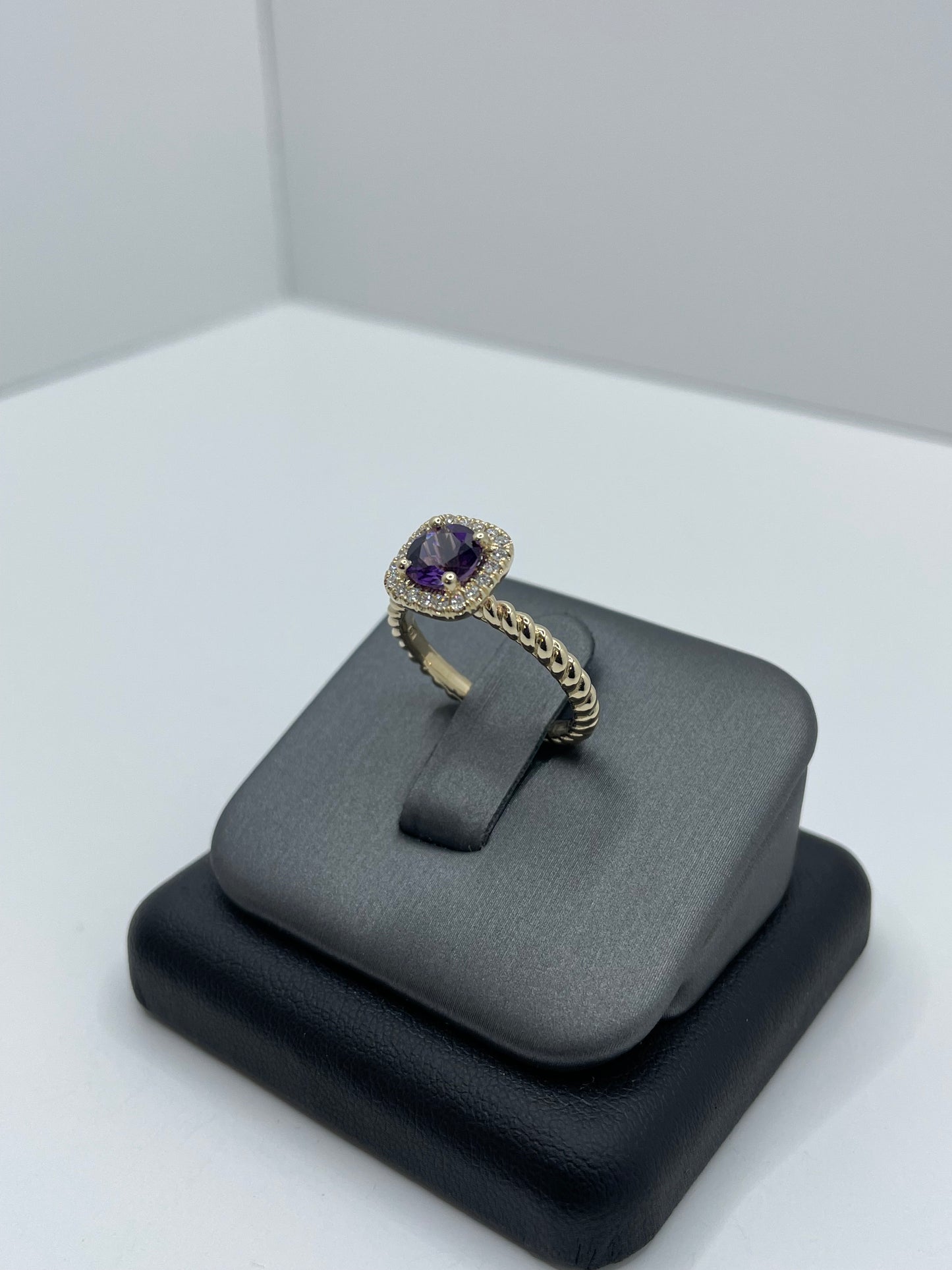 14k Gold Amethyst Diamond Ring with Twisted Shank