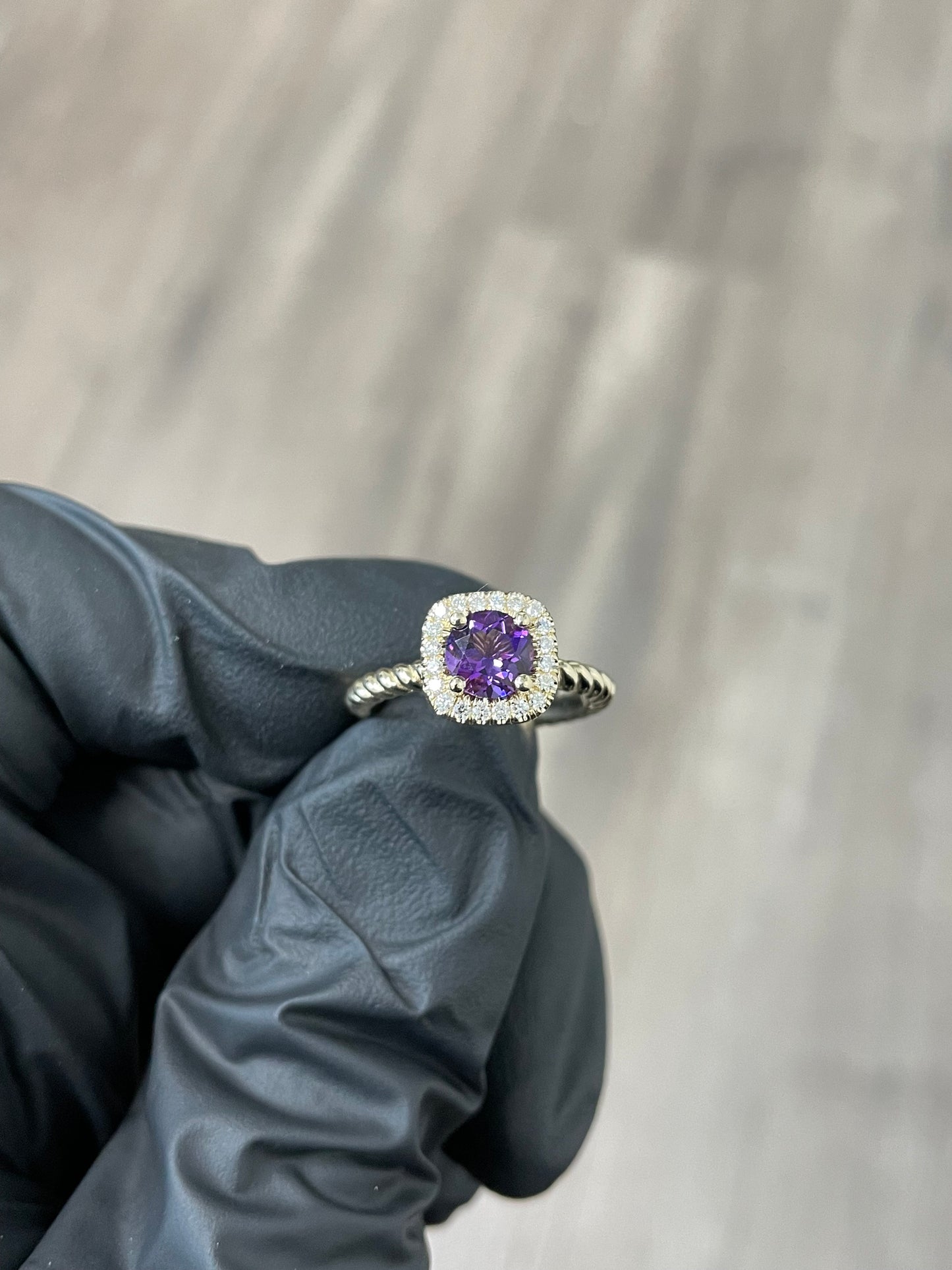 14k Gold Amethyst Diamond Ring with Twisted Shank