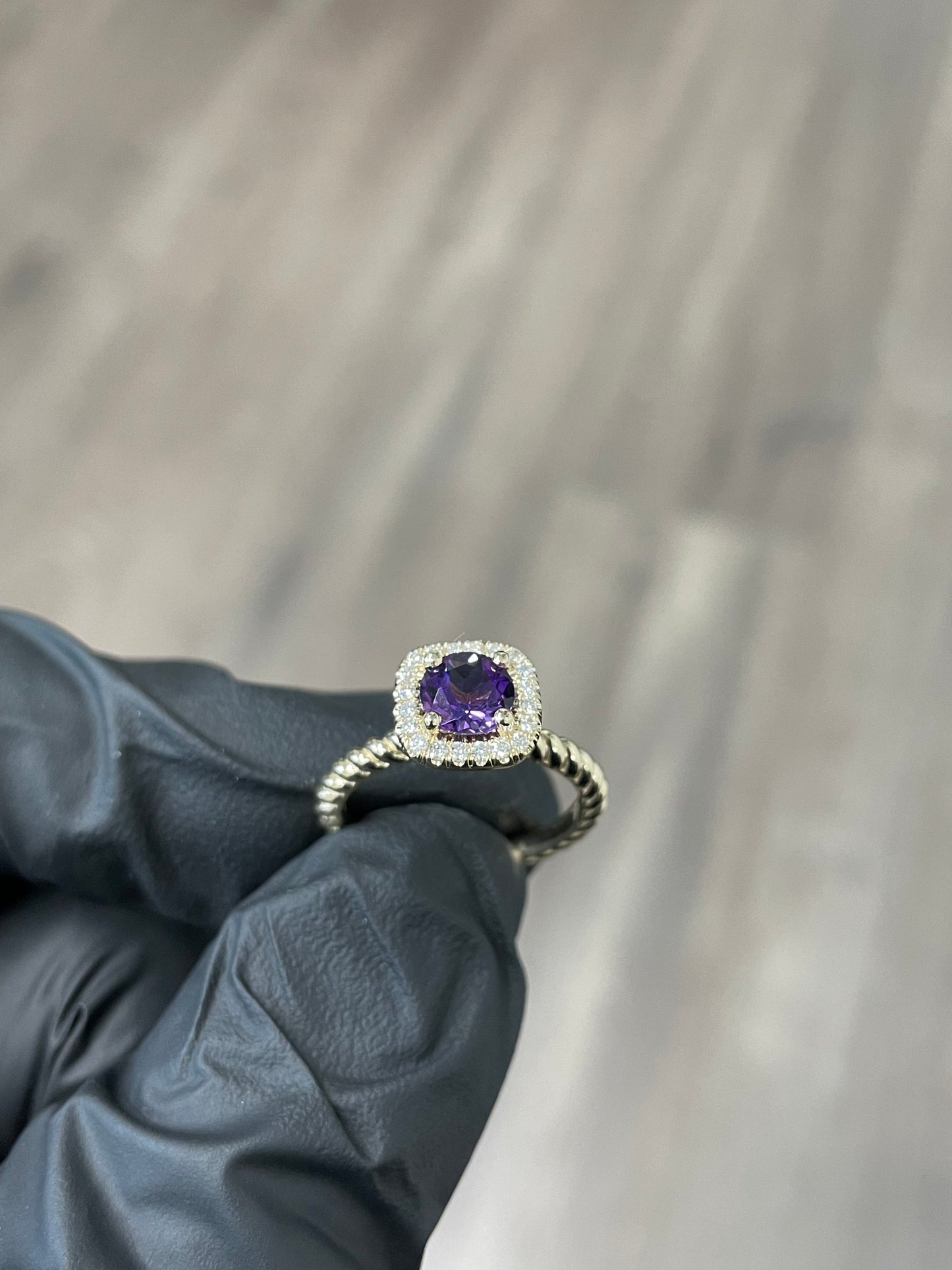 14k Gold Amethyst Diamond Ring with Twisted Shank