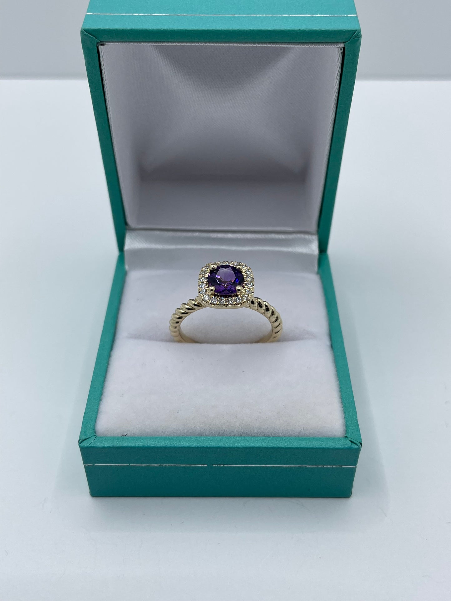 14k Gold Amethyst Diamond Ring with Twisted Shank