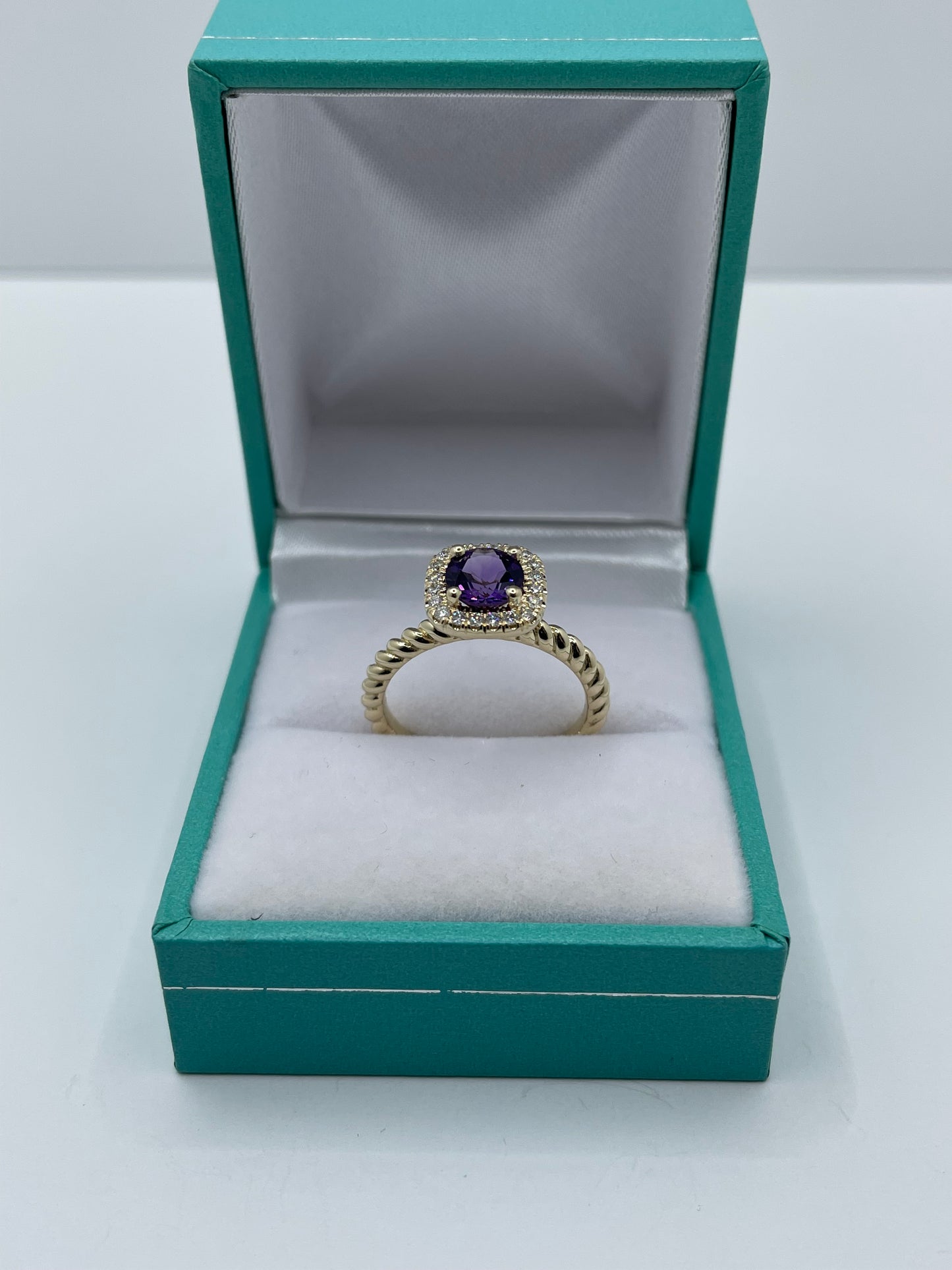 14k Gold Amethyst Diamond Ring with Twisted Shank