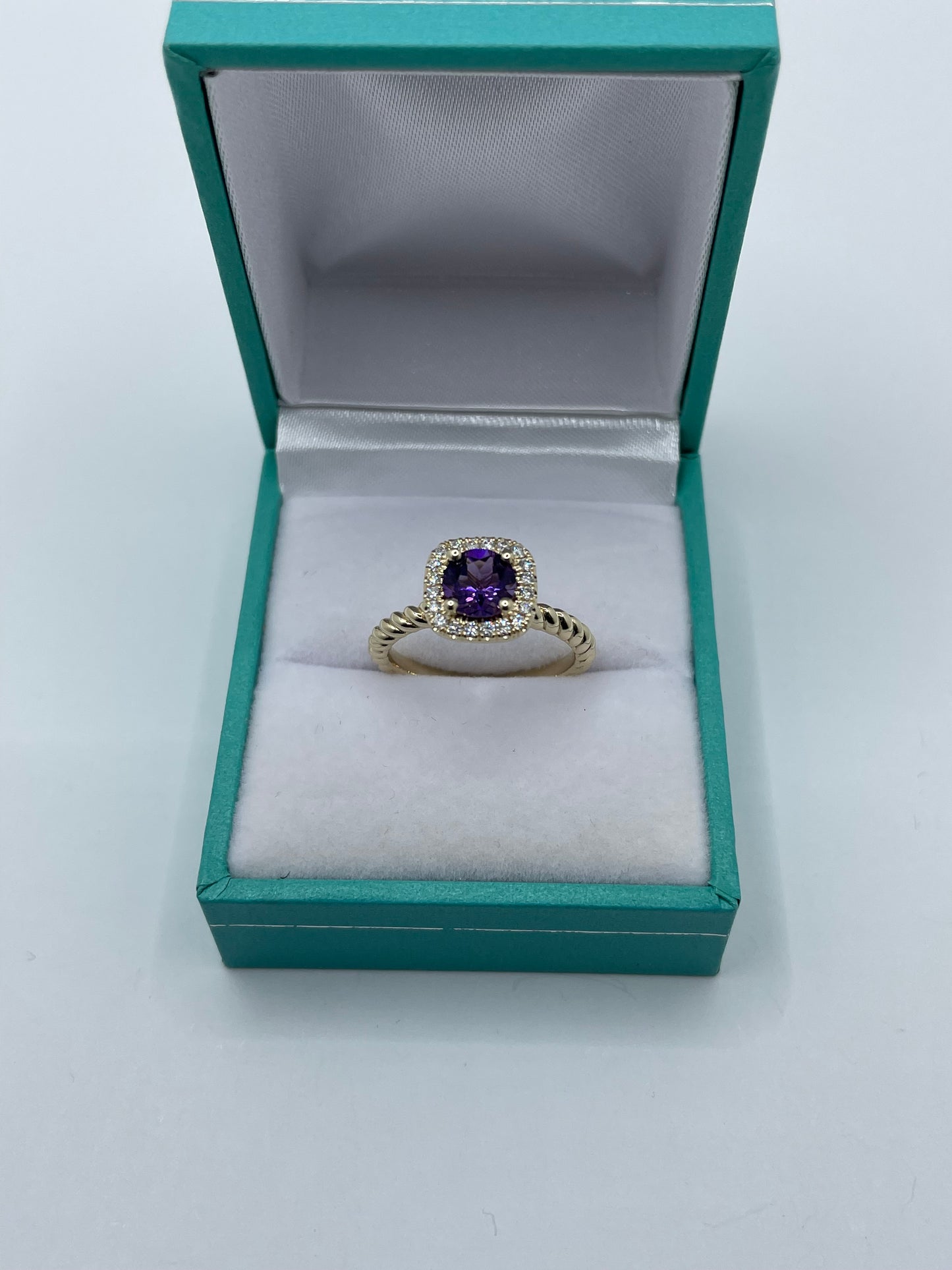 14k Gold Amethyst Diamond Ring with Twisted Shank