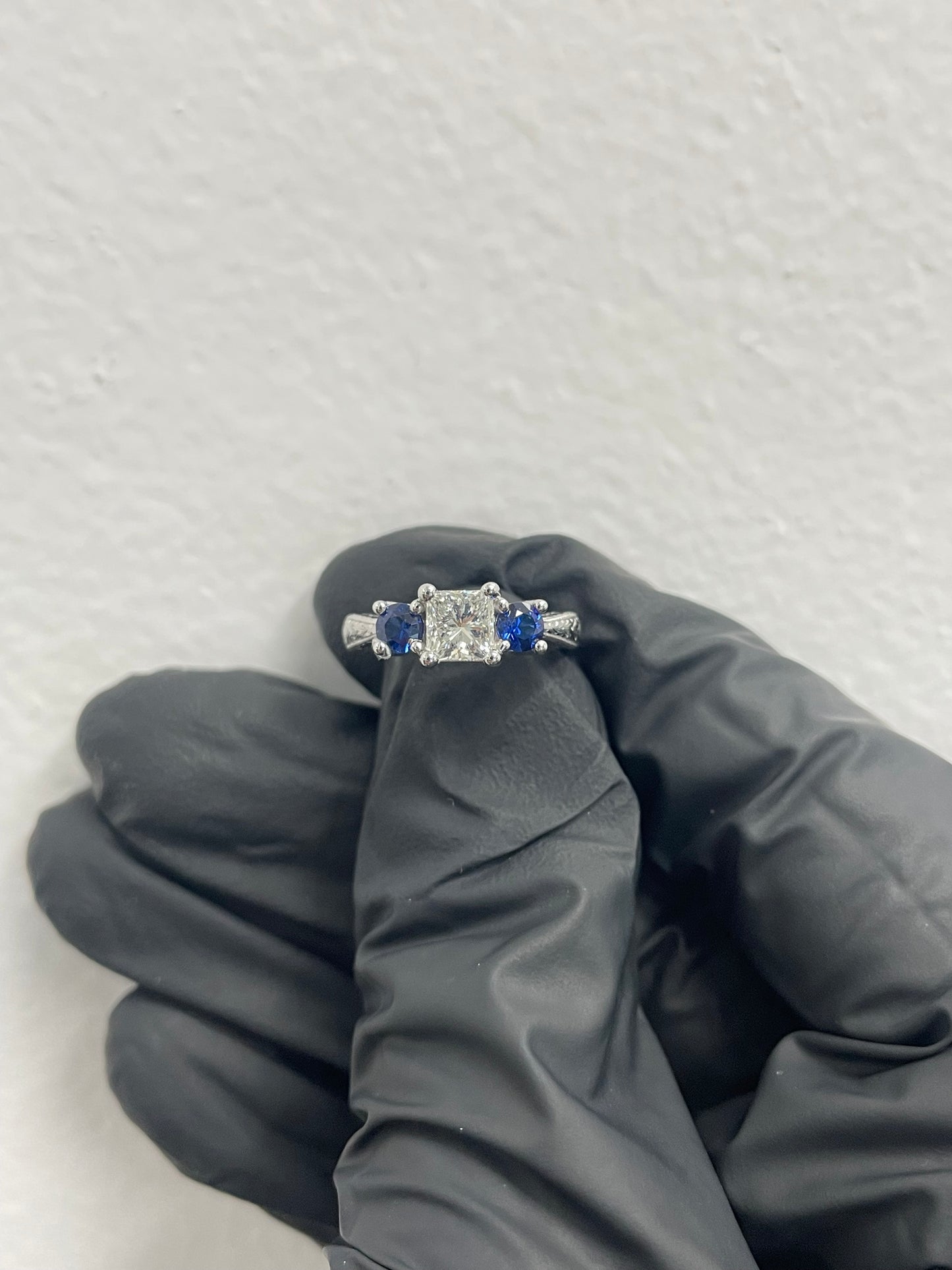 14k White Gold Princess Cut Diamond and Round Sapphire Ring