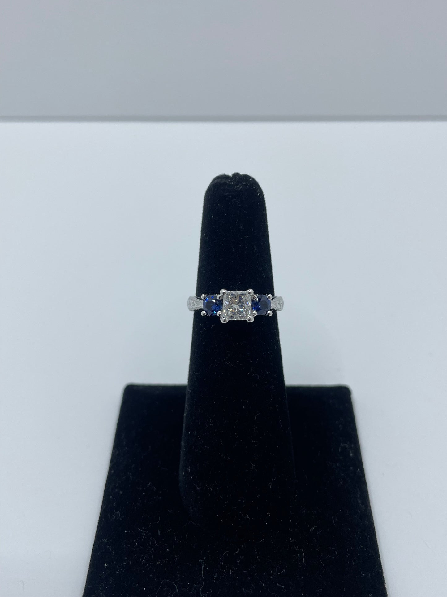 14k White Gold Princess Cut Diamond and Round Sapphire Ring