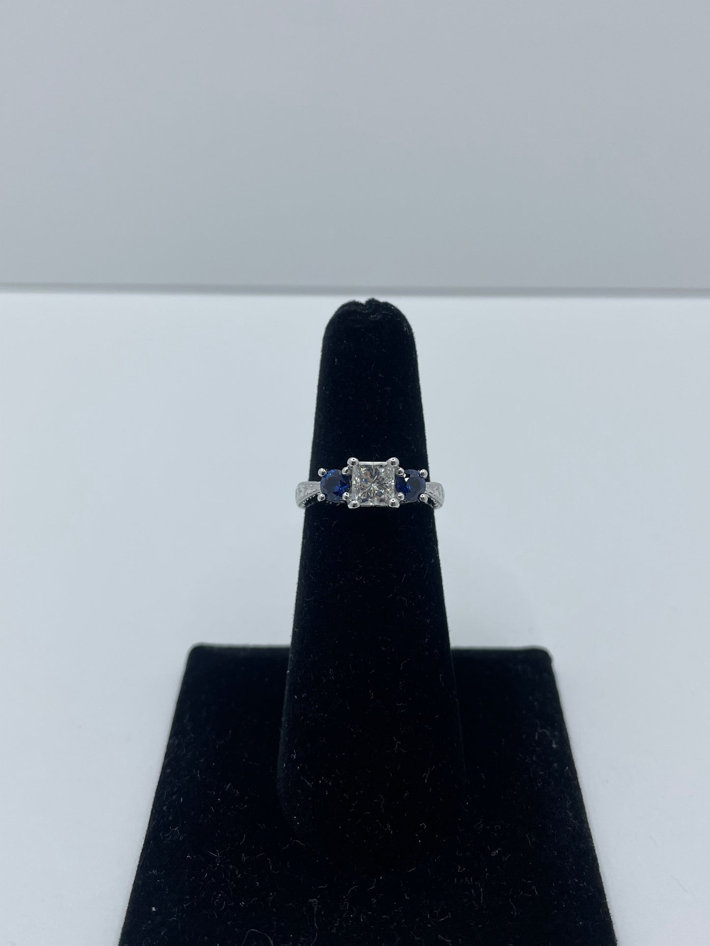 14k White Gold Princess Cut Diamond and Round Sapphire Ring