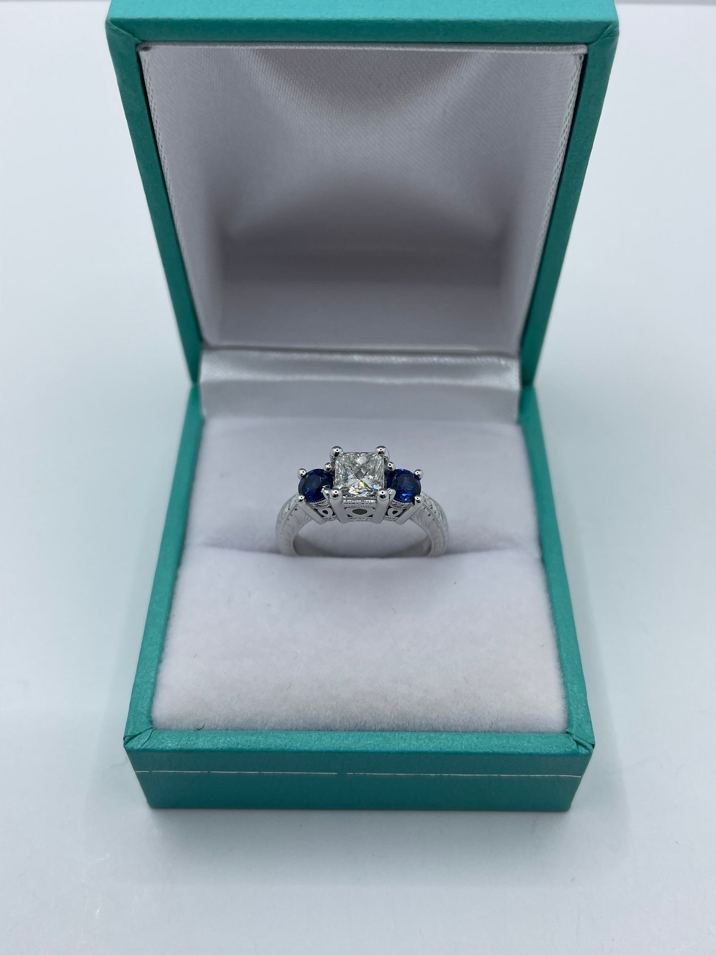 14k White Gold Princess Cut Diamond and Round Sapphire Ring