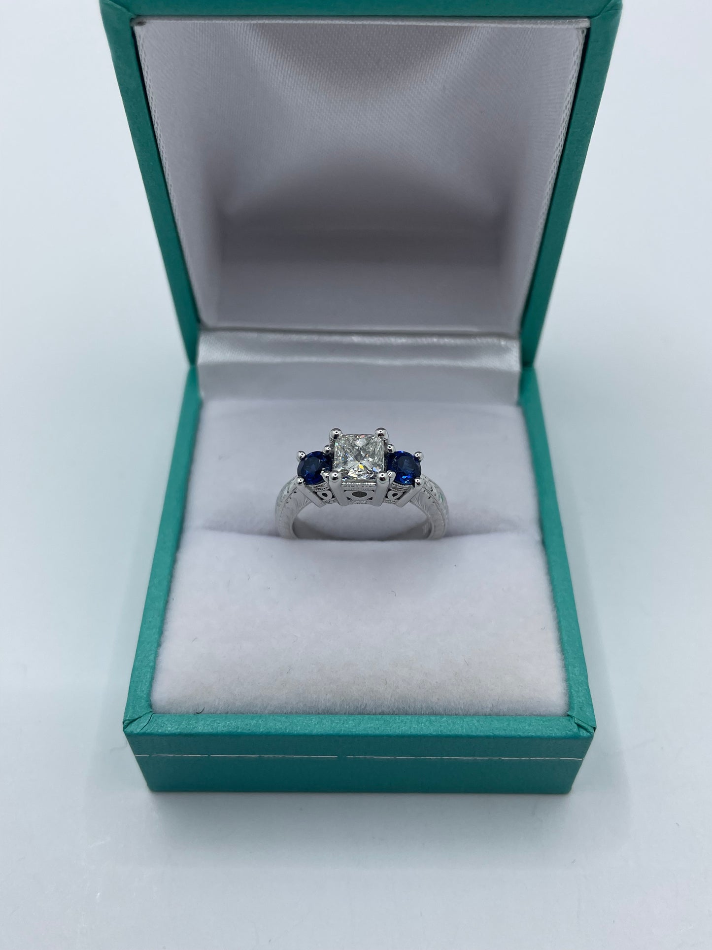 14k White Gold Princess Cut Diamond and Round Sapphire Ring