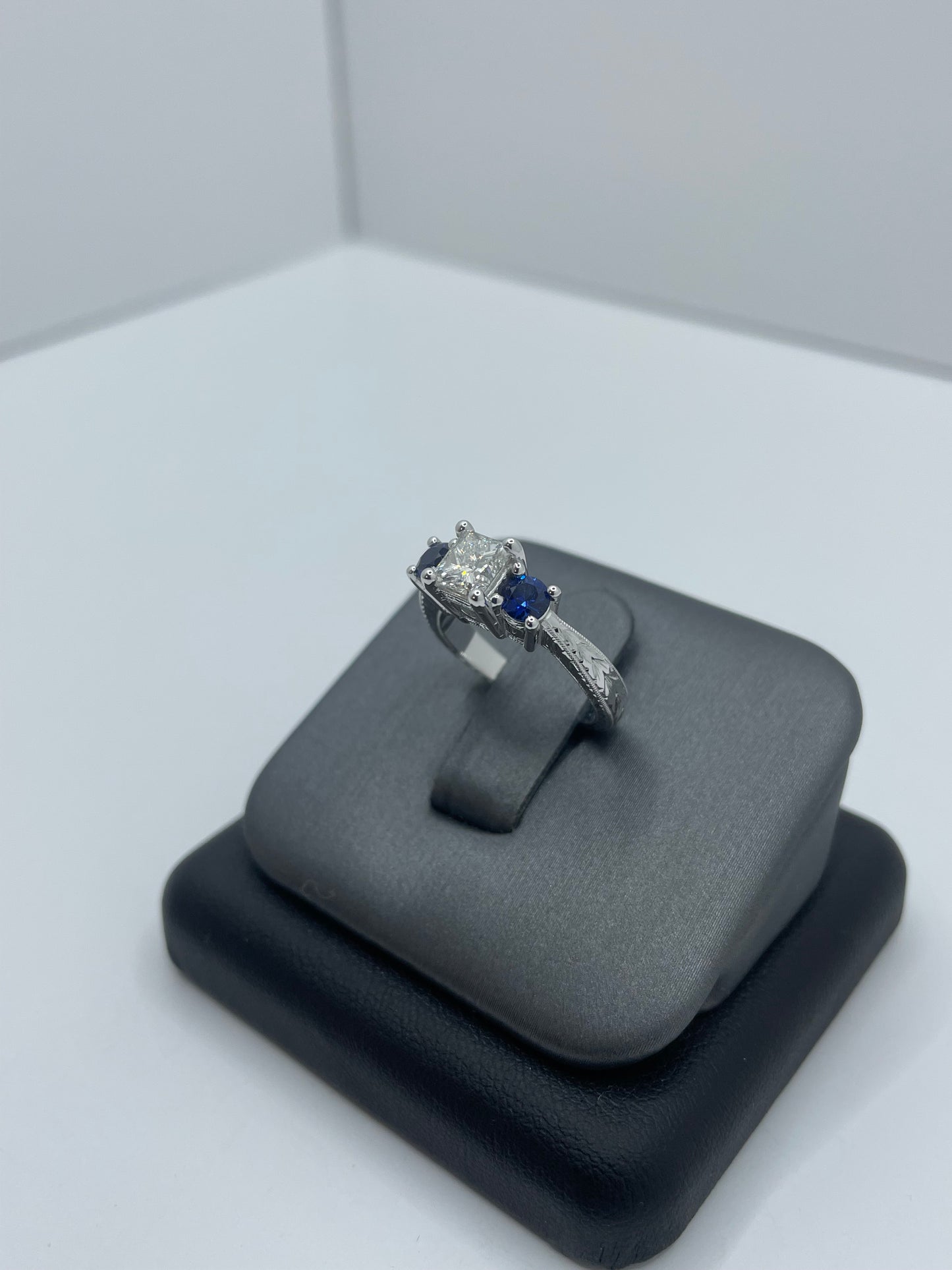 14k White Gold Princess Cut Diamond and Round Sapphire Ring