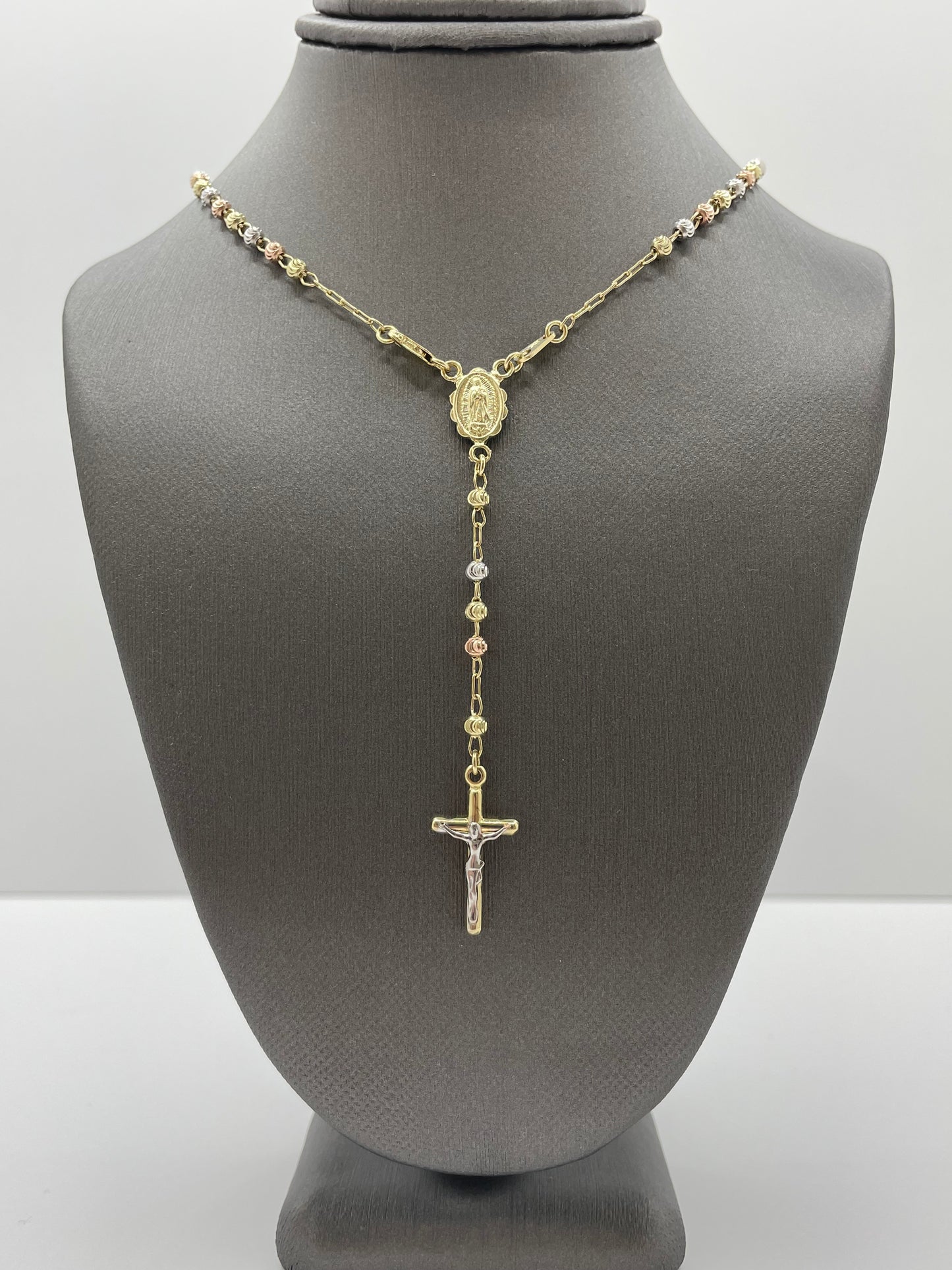 14k Tri-Color Gold Moon Cut Rosary Necklace Pendant Cross