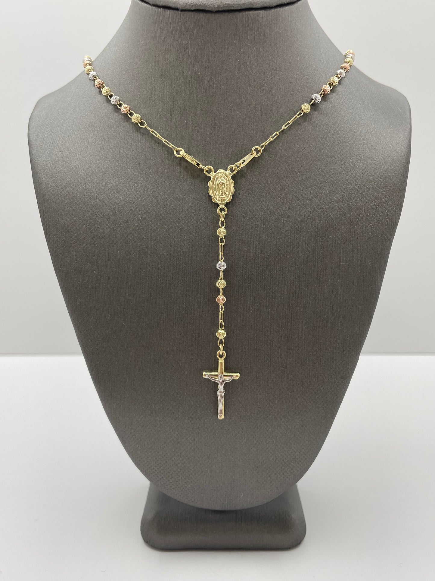 14k Tri-Color Gold Moon Cut Rosary Necklace Pendant Cross