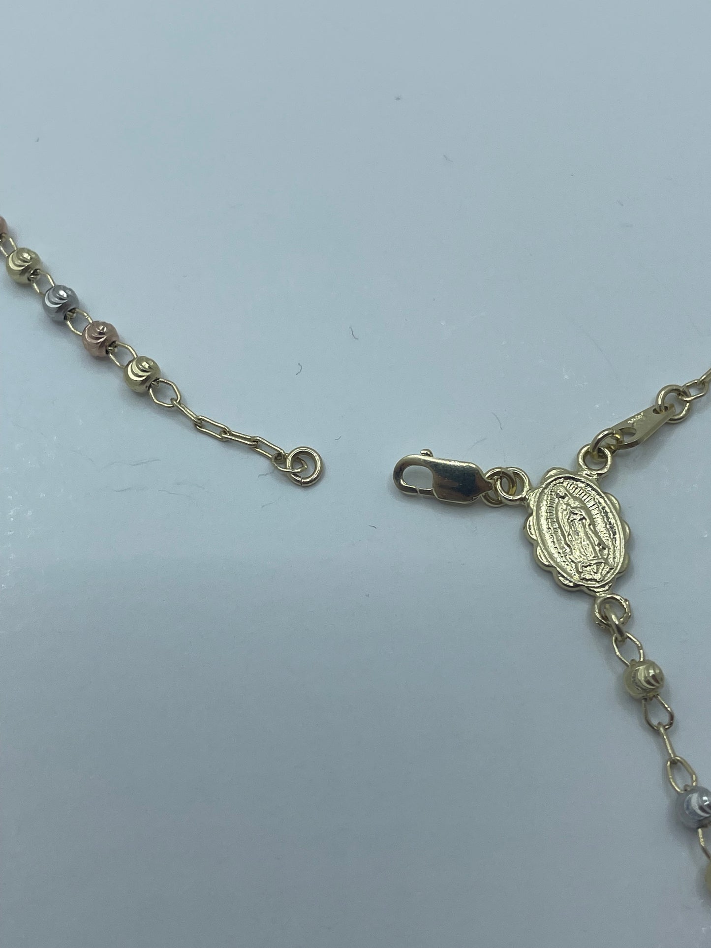 14k Tri-Color Gold Moon Cut Rosary Necklace Pendant Cross