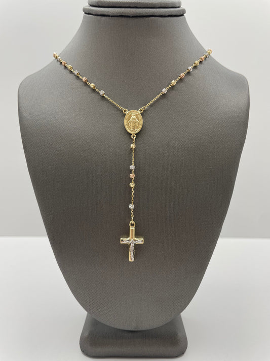 14k Tri-Color Rosary Necklace Pendant Cross