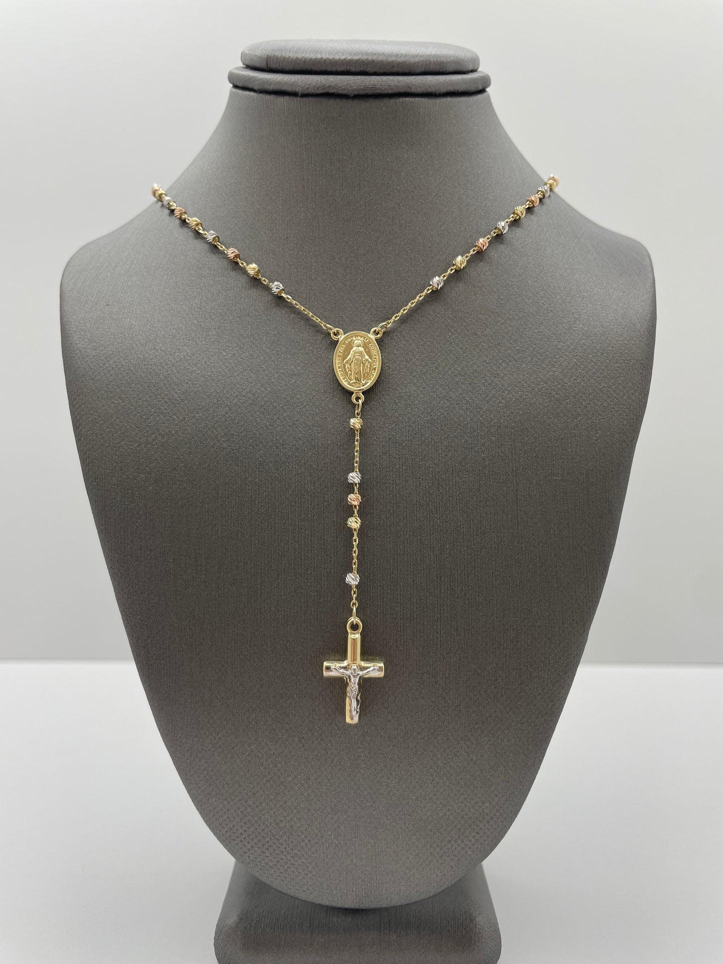 14k Tri-Color Rosary Necklace Pendant Cross