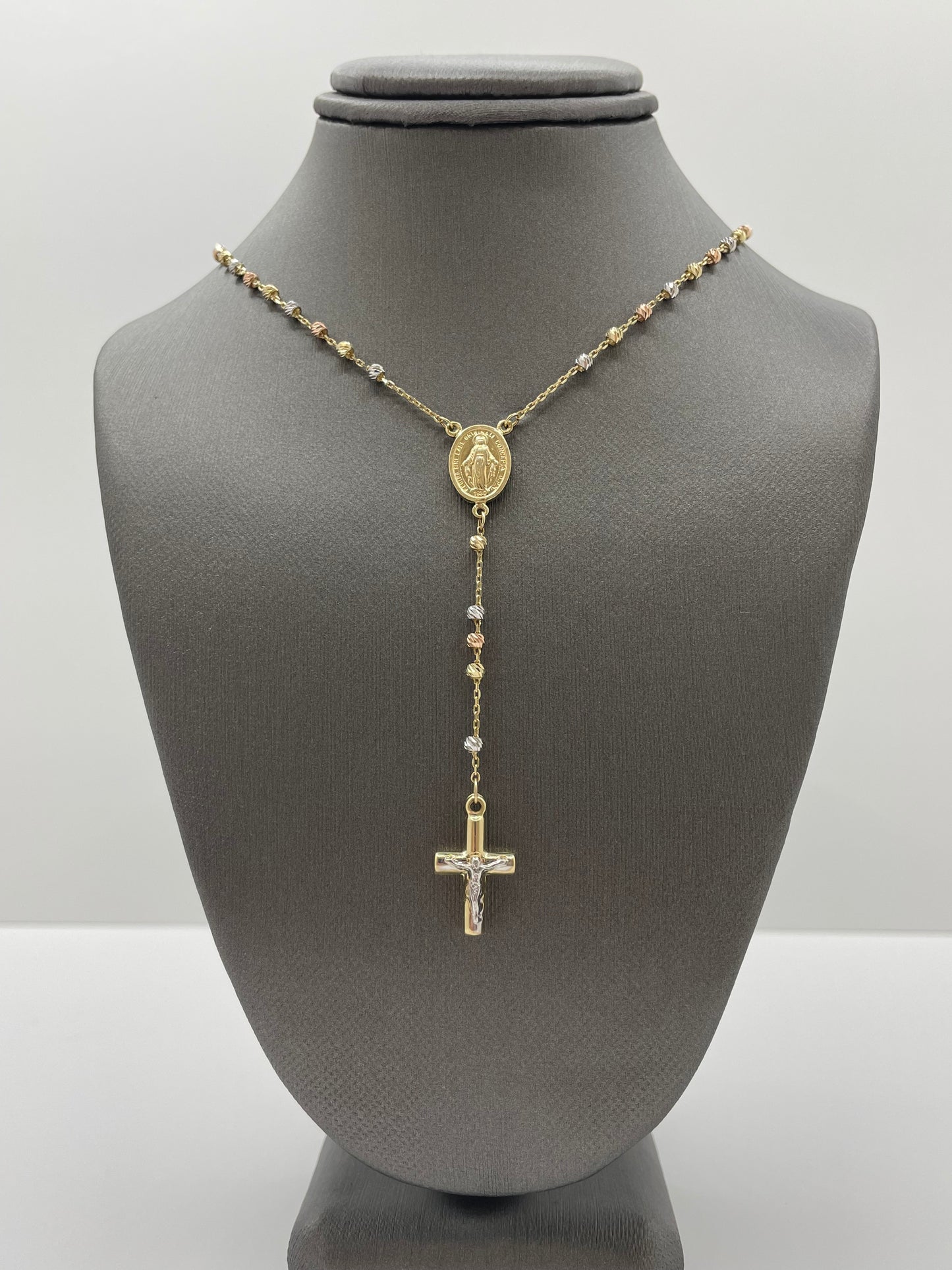 14k Tri-Color Rosary Necklace Pendant Cross