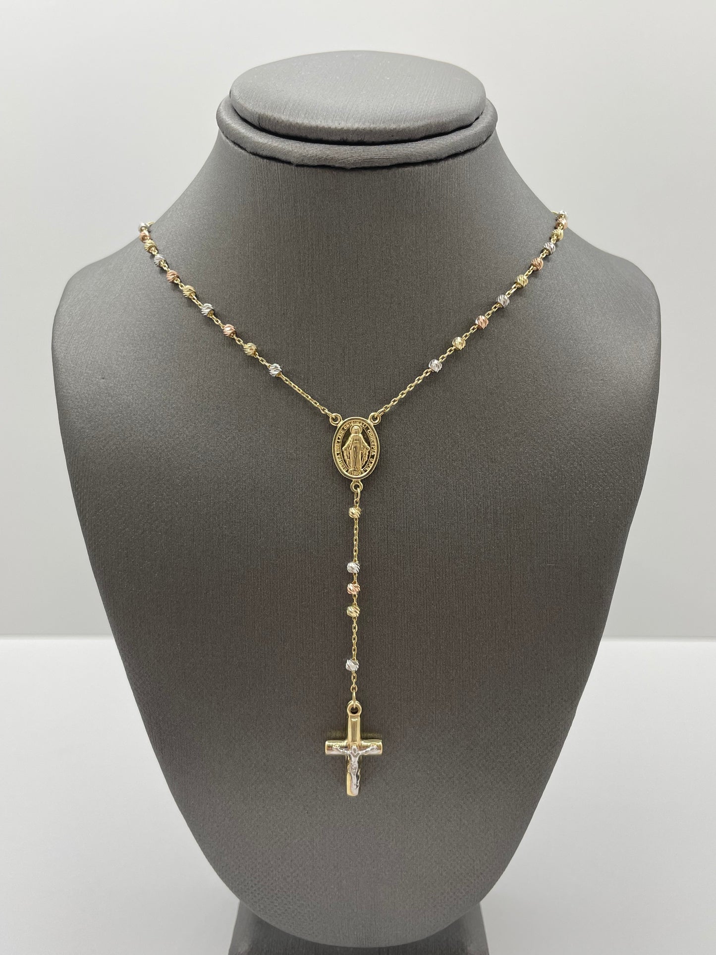 14k Tri-Color Rosary Necklace Pendant Cross