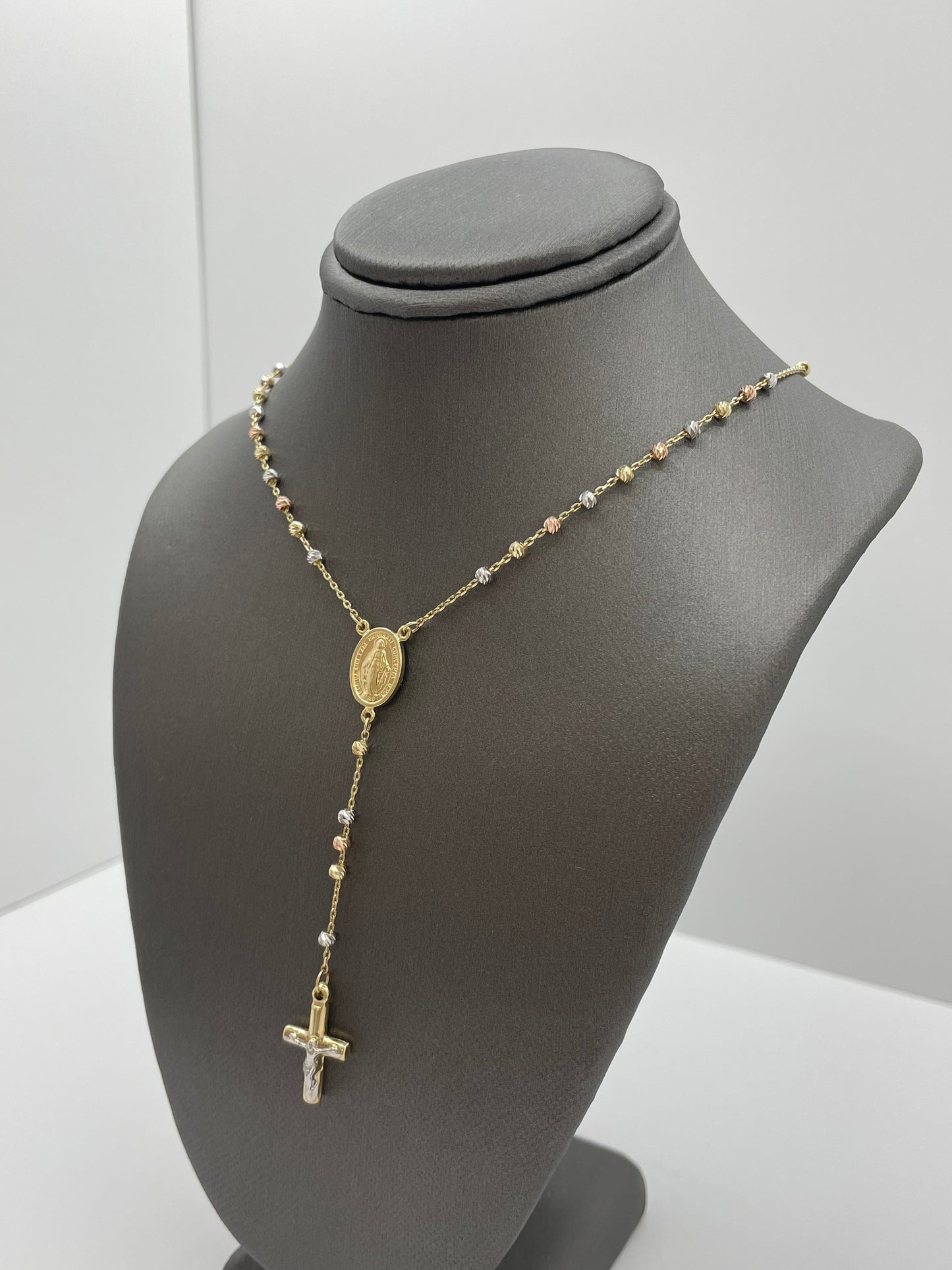 14k Tri-Color Rosary Necklace Pendant Cross