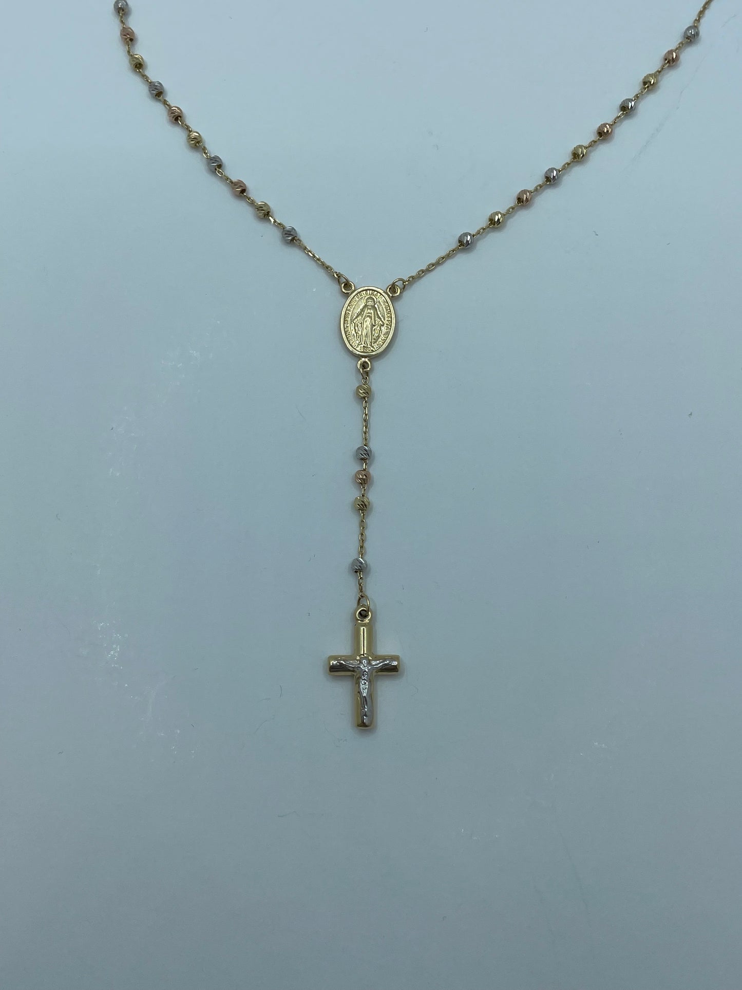 14k Tri-Color Rosary Necklace Pendant Cross