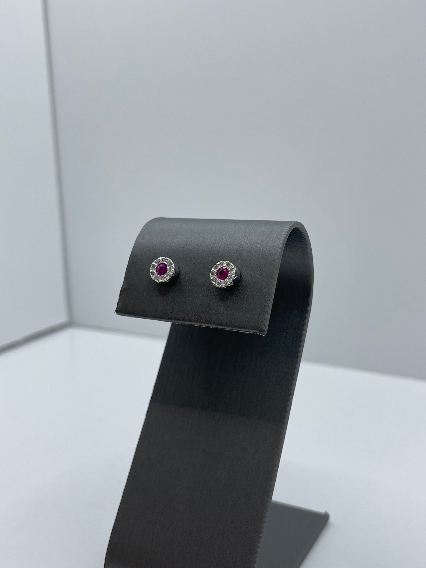 14k White Gold Pink Sapphire - Diamond Round Earrings