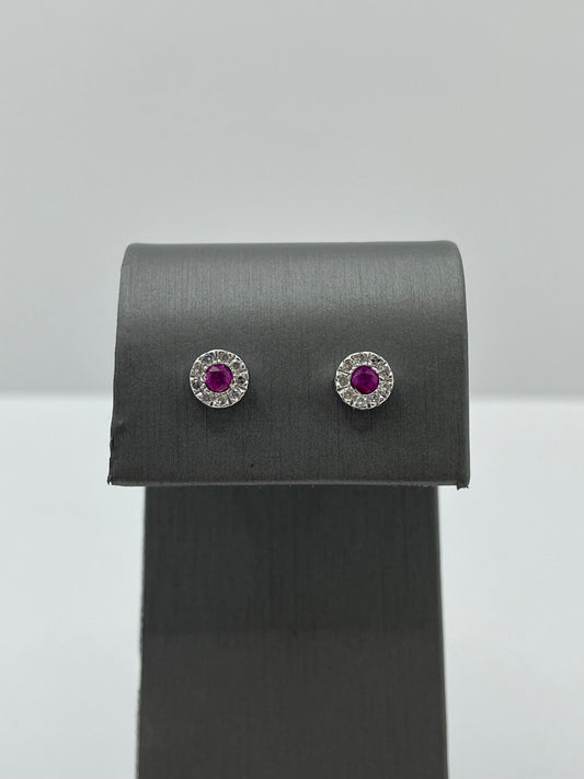 14k White Gold Pink Sapphire - Diamond Round Earrings