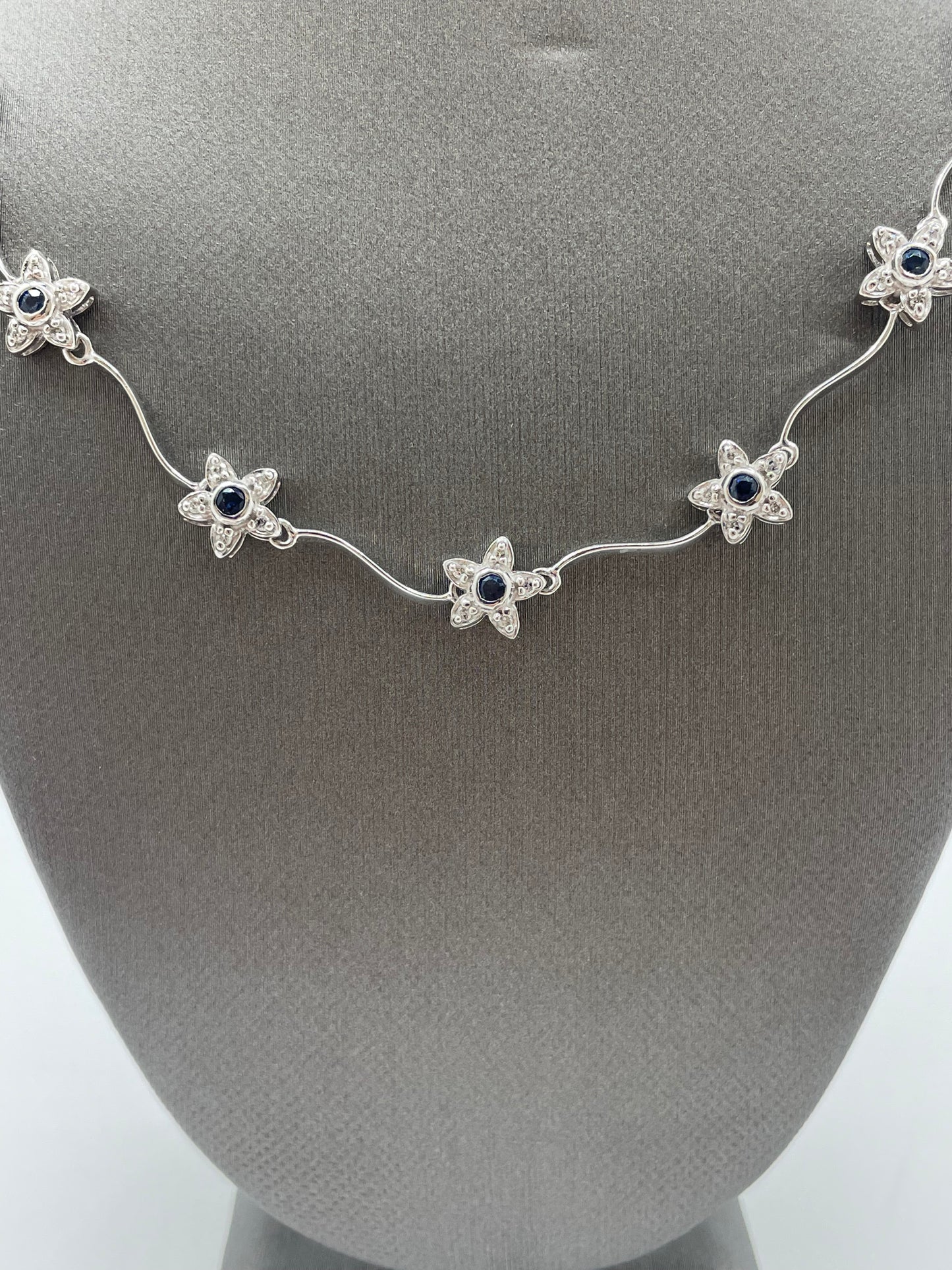 14k White Gold Star Link Diamond and Sapphire Necklace 17 inch