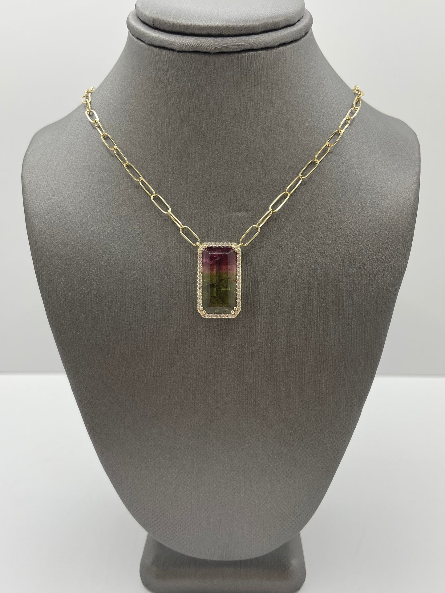 14k Yellow Gold Watermelon Tourmaline Diamond Paperclip Pendant - 10 ct