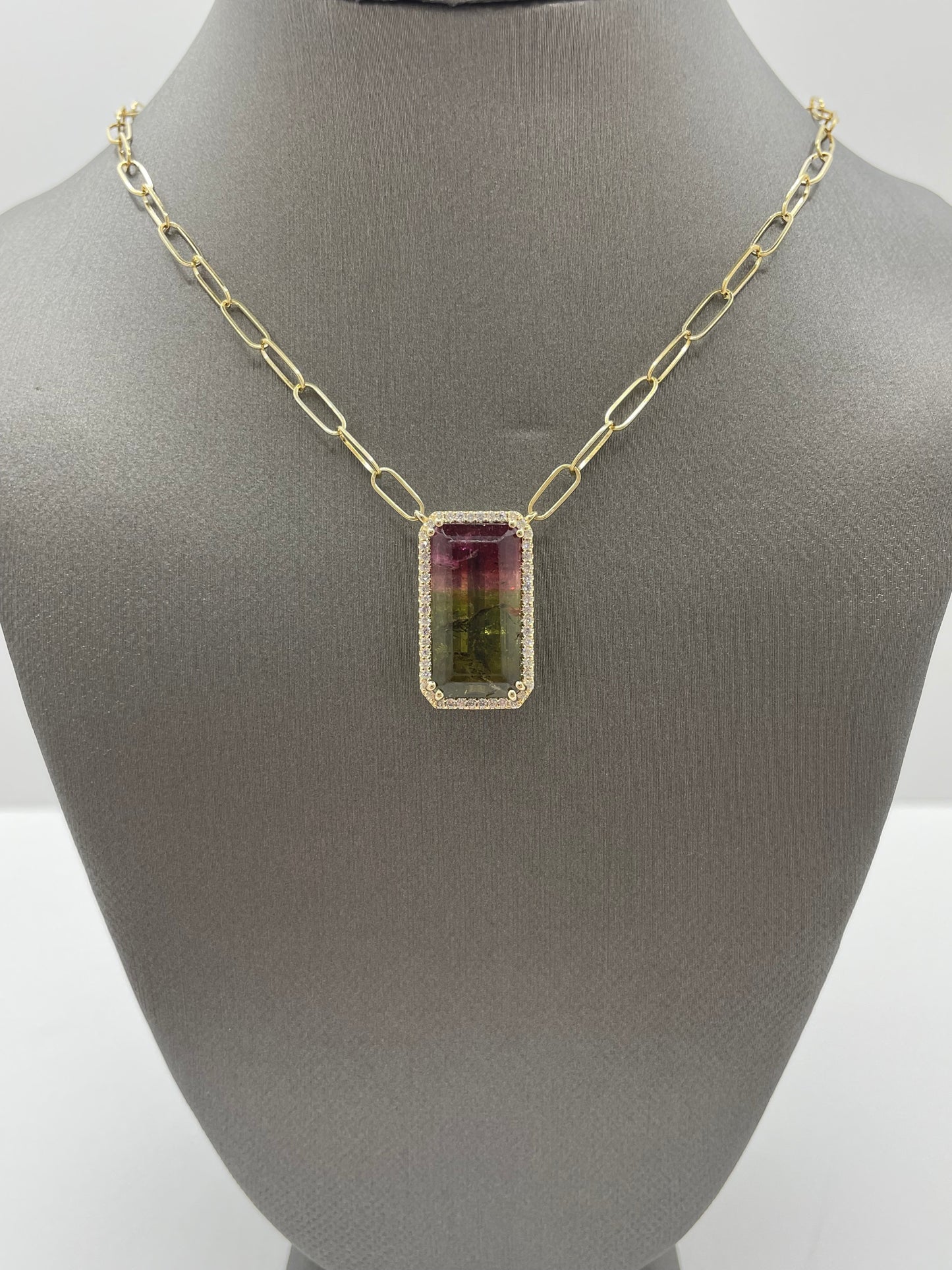 14k Yellow Gold Watermelon Tourmaline Diamond Paperclip Pendant - 10 ct