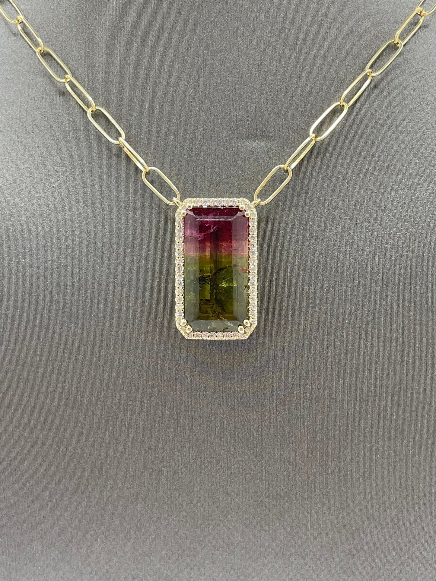 14k Yellow Gold Watermelon Tourmaline Diamond Paperclip Pendant - 10 ct