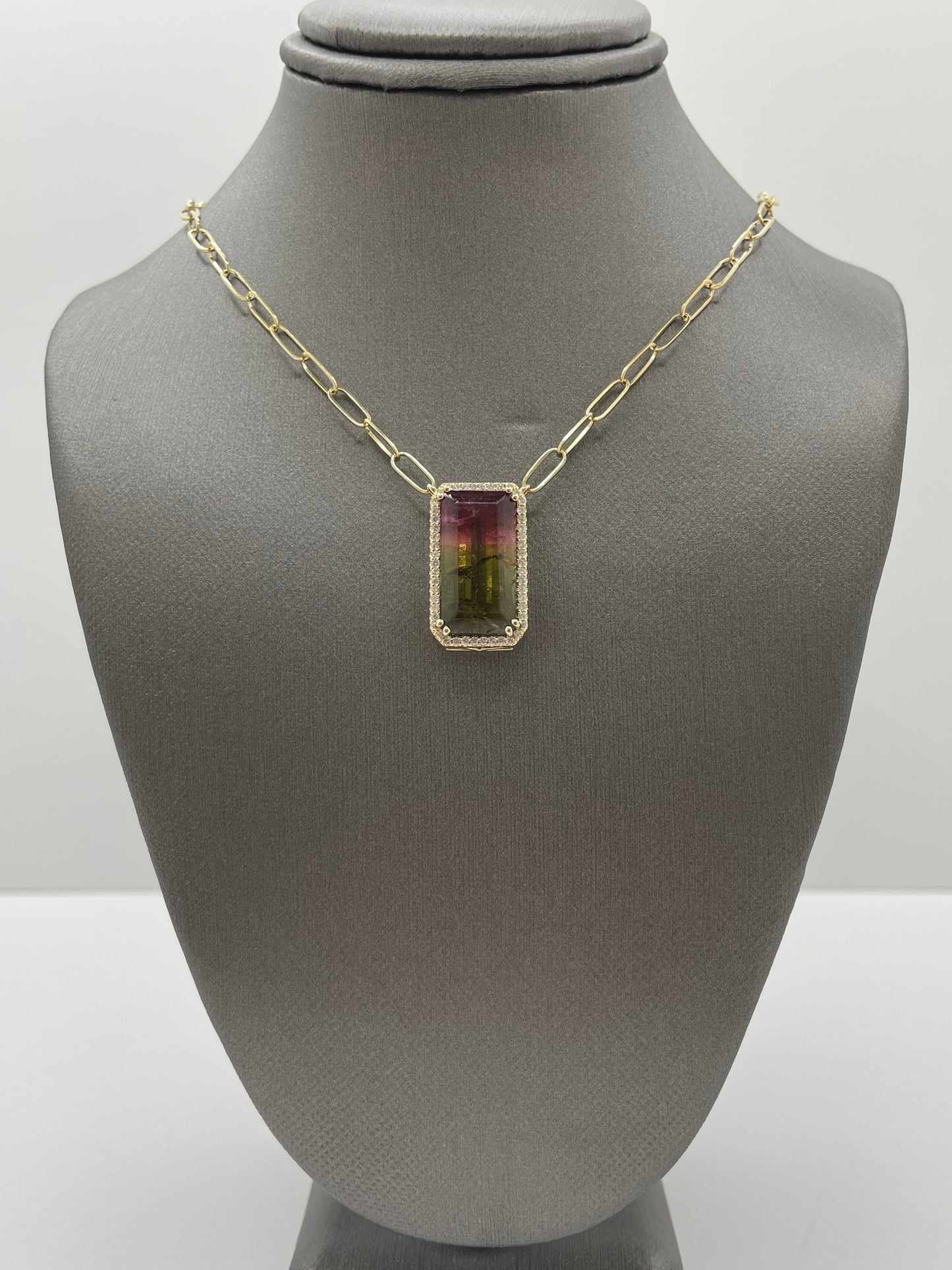 14k Yellow Gold Watermelon Tourmaline Diamond Paperclip Pendant - 10 ct