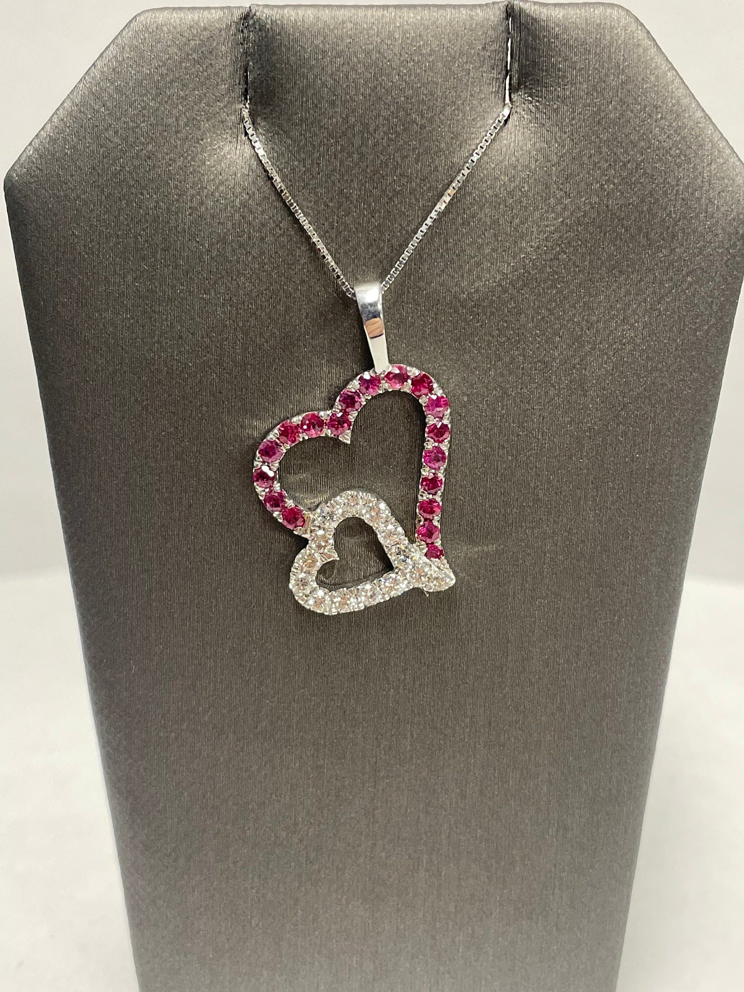 2 Heart Ruby & Diamond Pendant 14k White Gold